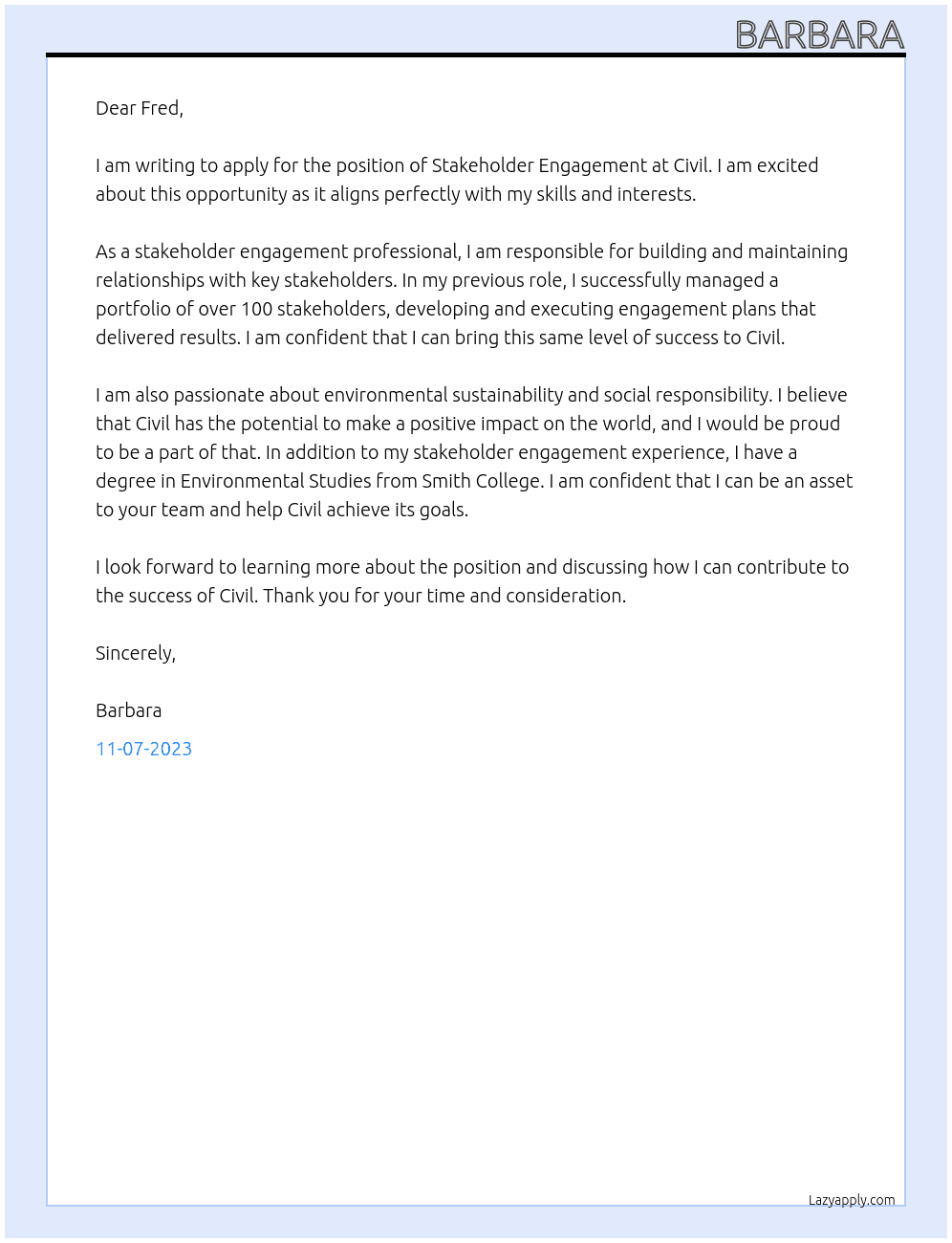 Stakeholder engagement  At Civil Cover Letter