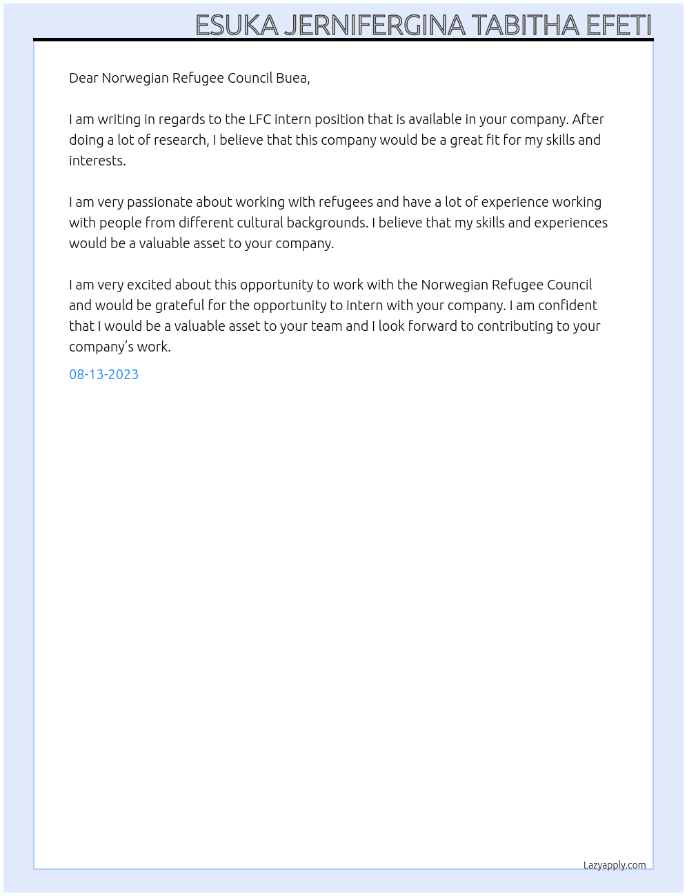LFC Intern -Buea At Norwegian Refugee Council Buea Cover Letter
