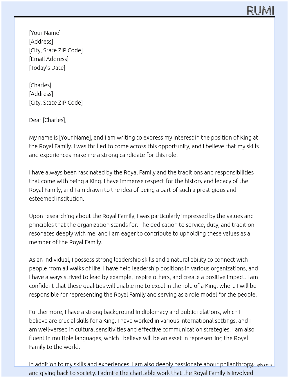 King At Royal family Cover Letter