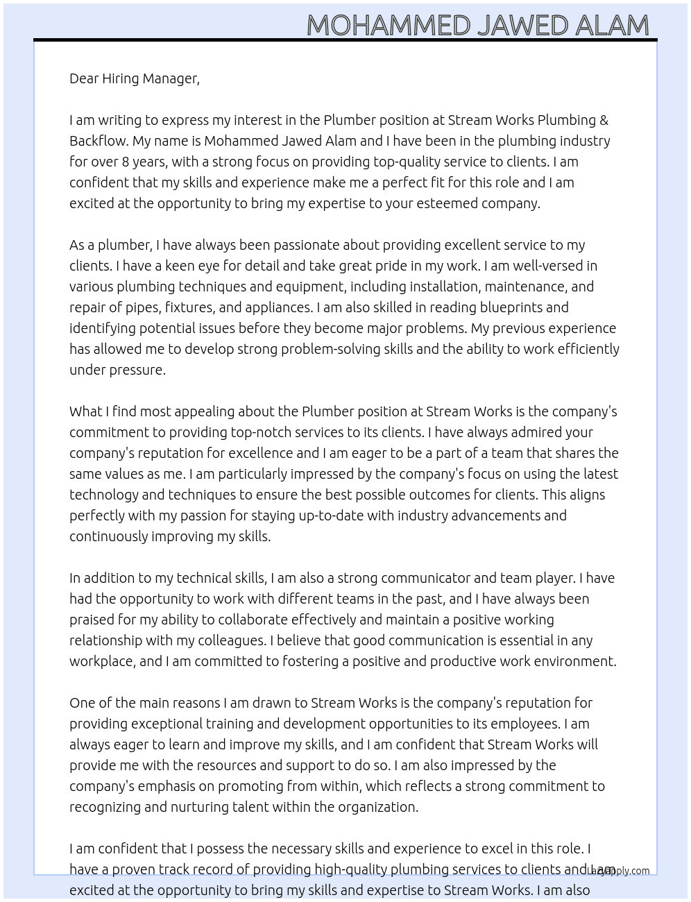 Plamber  At Stream works Plmambing &Backflow Cover Letter