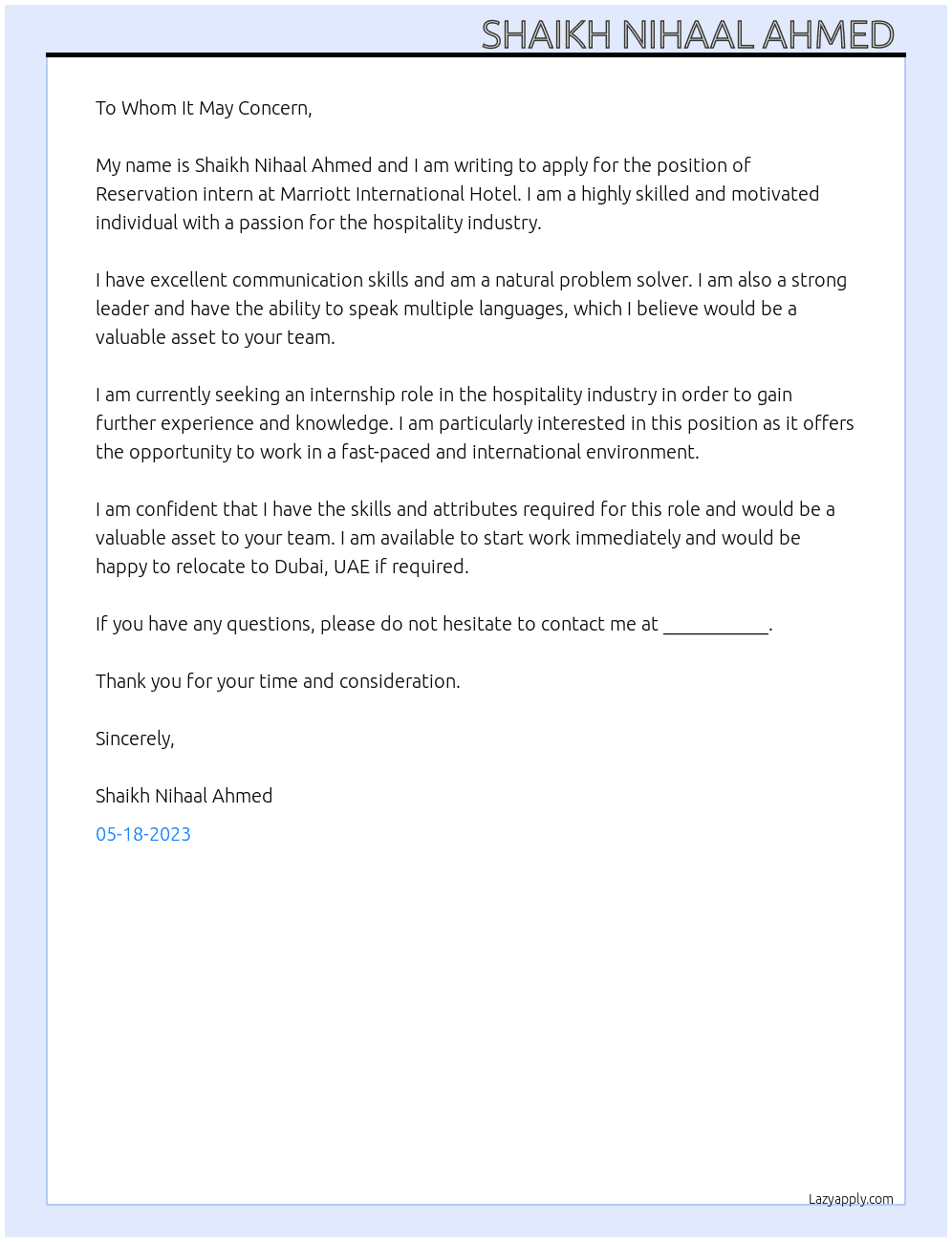 Reservation intern At Marriott international hotel  Cover Letter