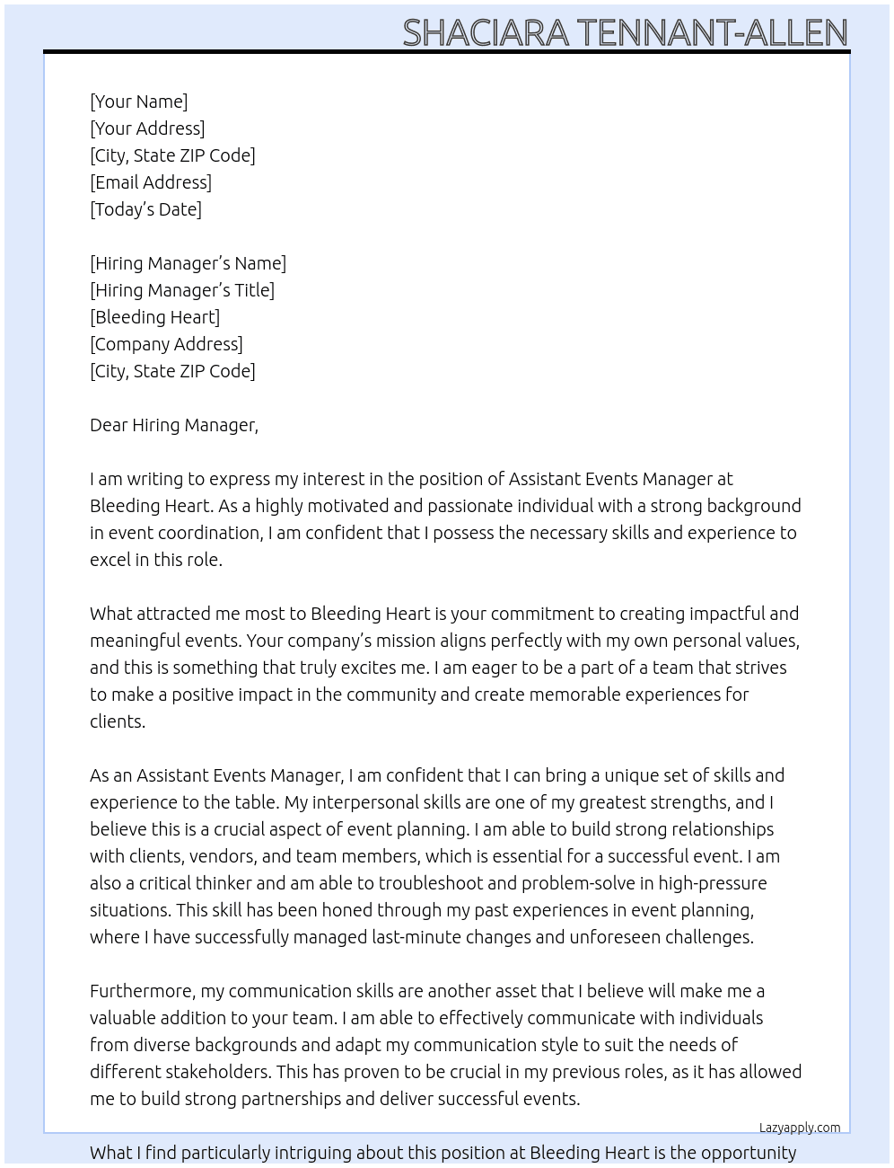 Assistant Events Manager At Bleeding heart Cover Letter