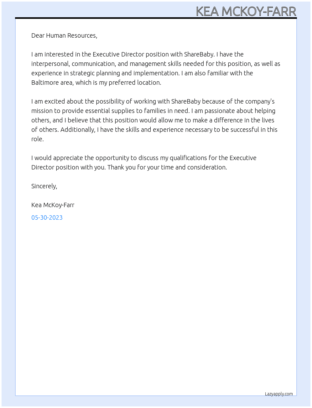 Executive Director At ShareBaby Cover Letter