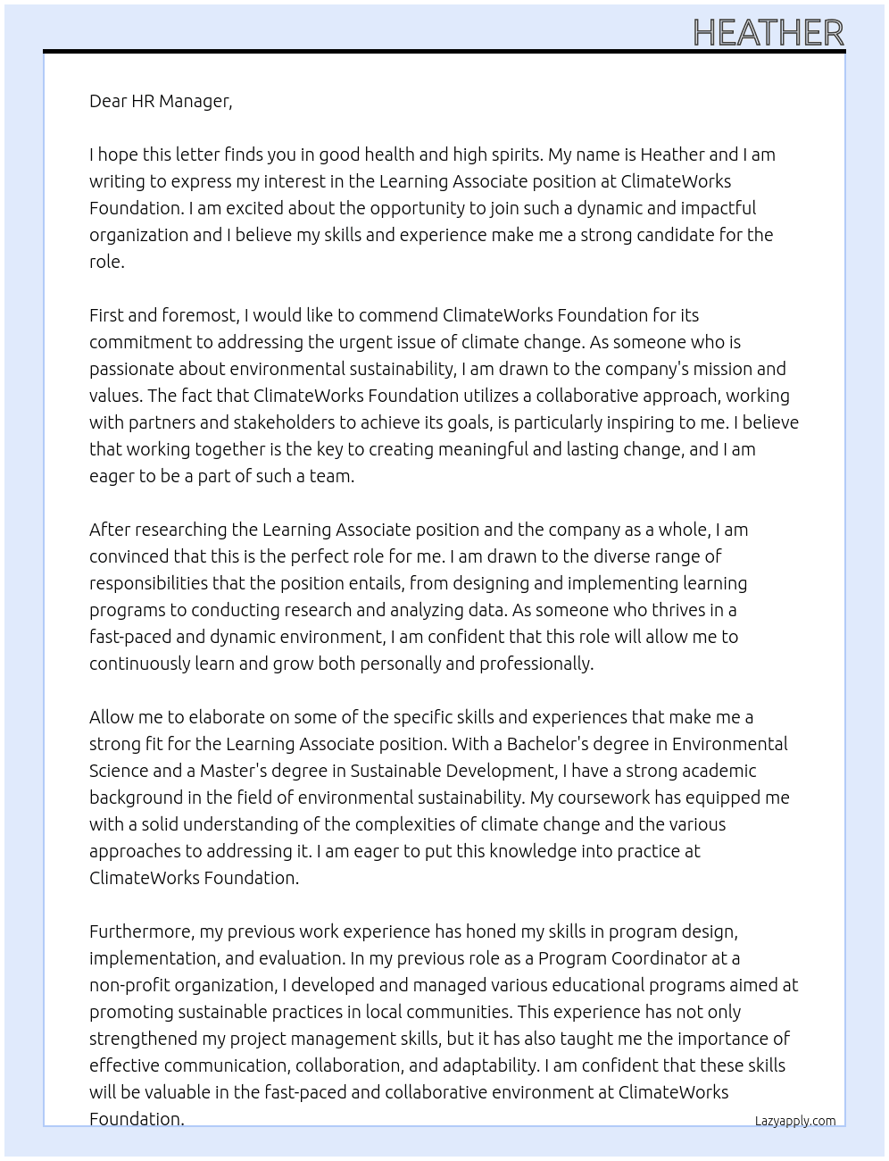 Learning Associate At ClimateWorks Foundation Cover Letter