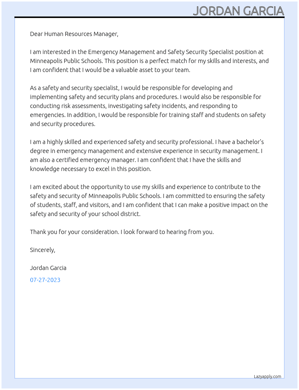 Emergency Management and Safety Security Specialist At Minneapolis Public Schools Cover Letter