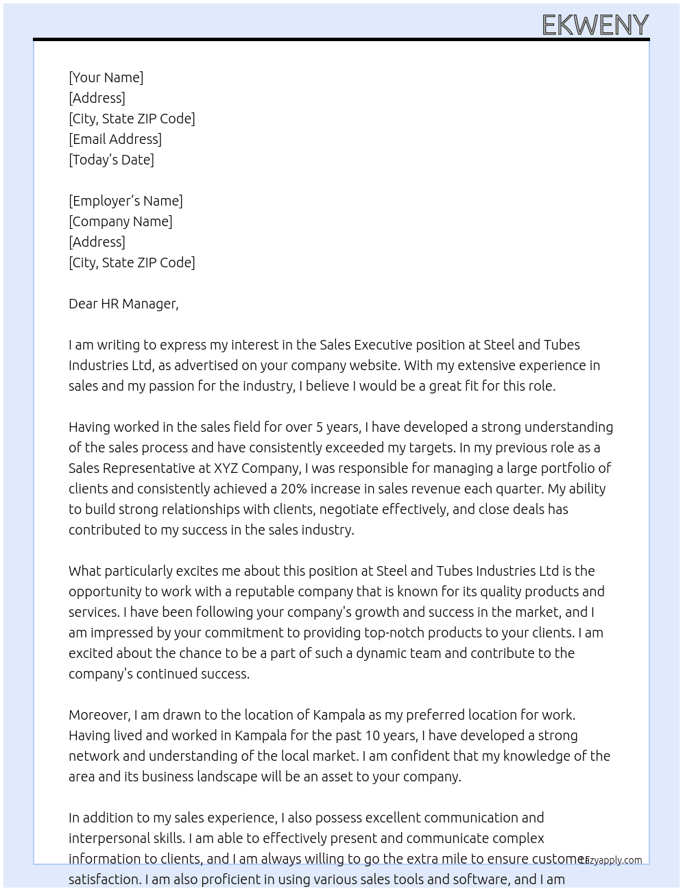 Sales executive At Steel and tubes industries ltd Cover Letter