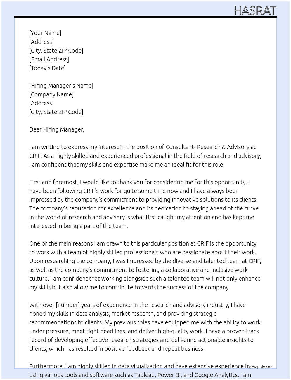 Consultant- Research &Advisory At CRIF Cover Letter