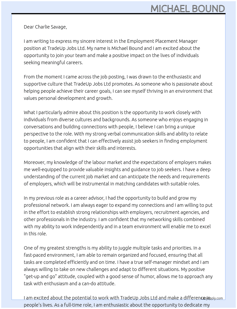 Employment Placement Manager At TradeUp Jobs Ltd  Cover Letter
