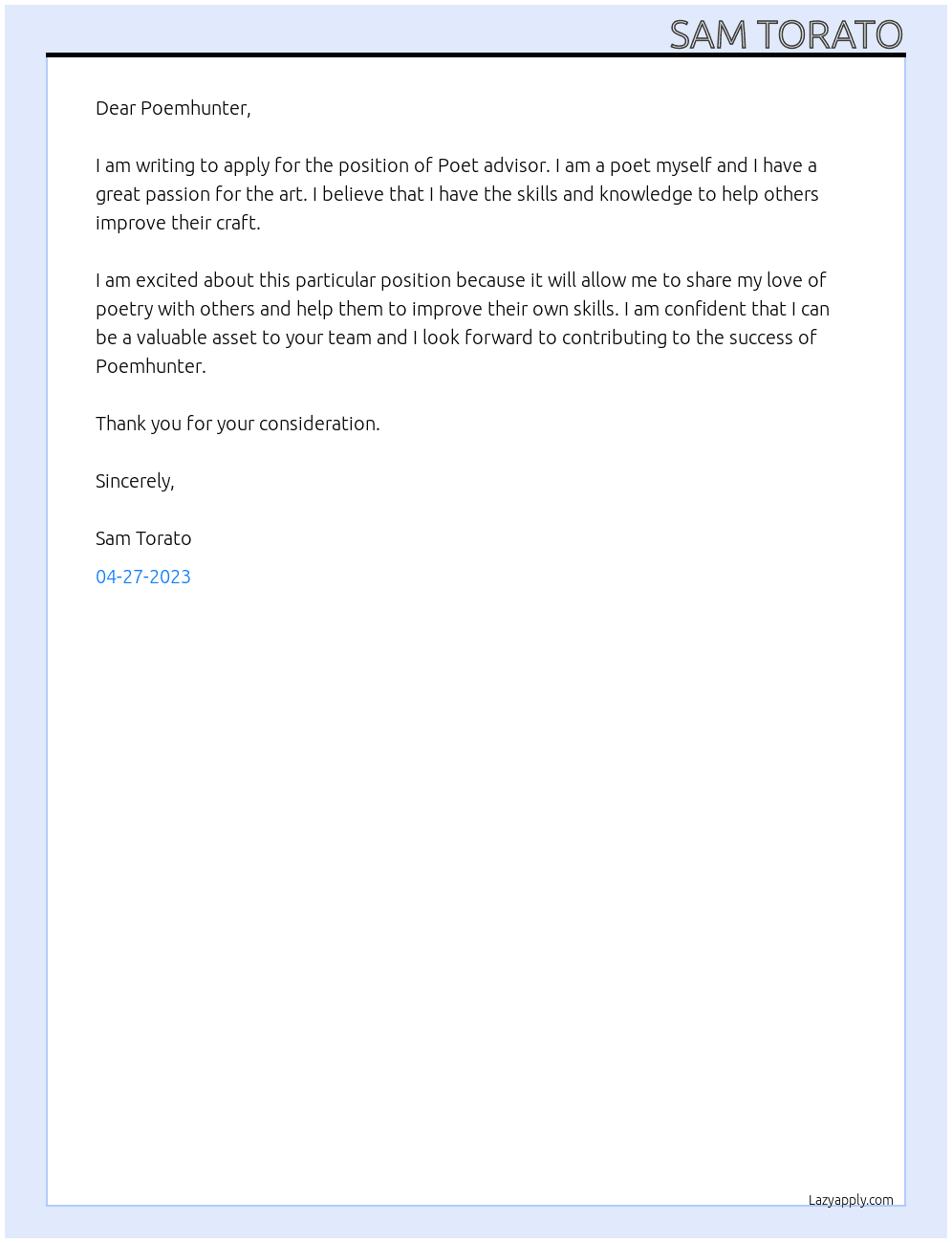 Poet advisor  At Poemhunter  Cover Letter