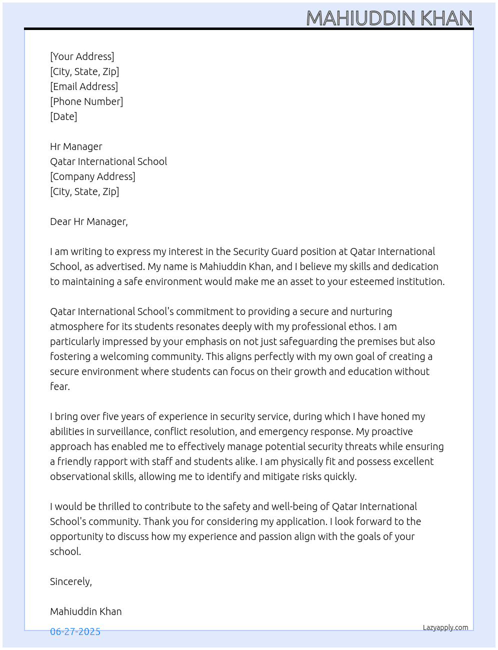 Security Guard At Qatar International School Cover Letter