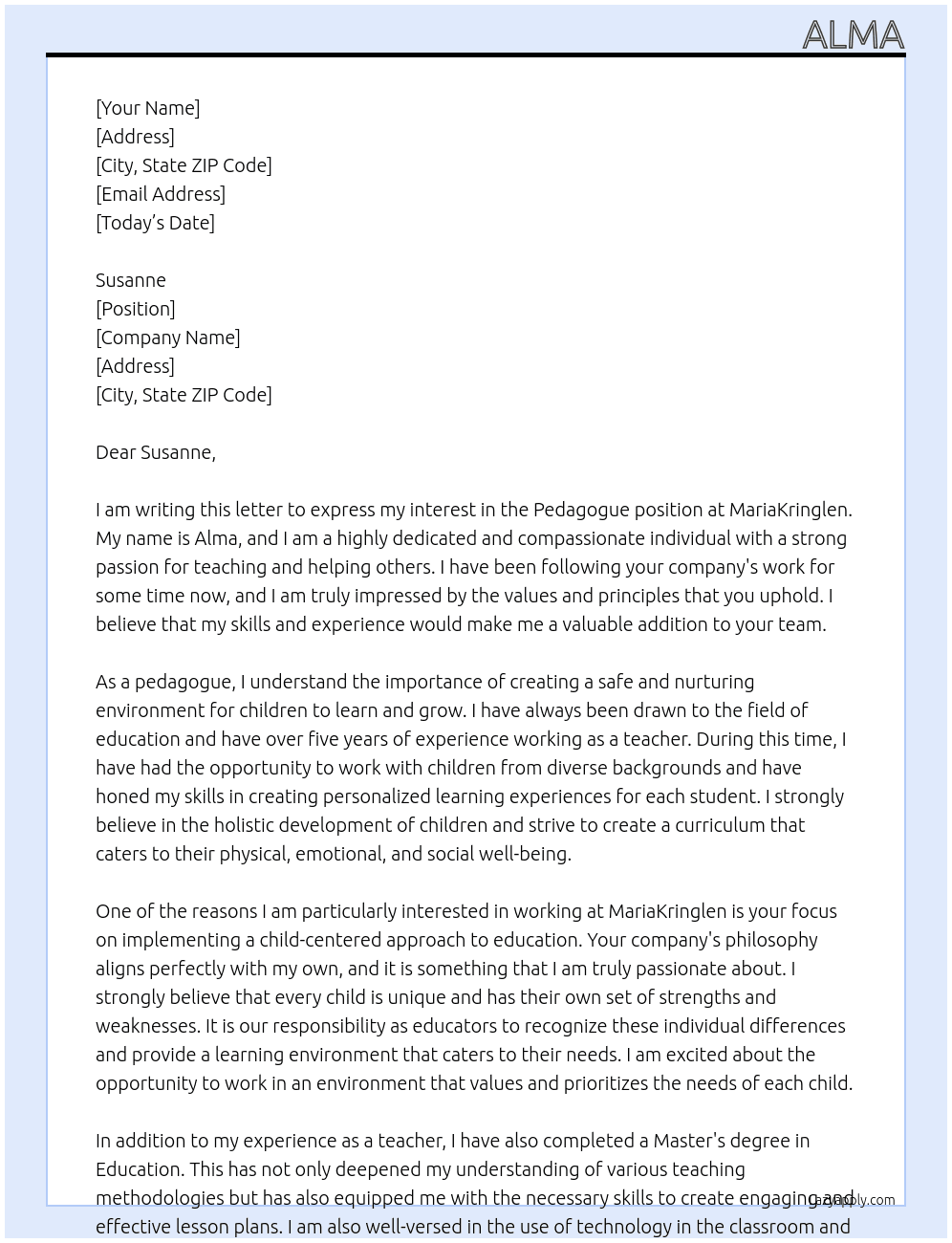 Pedagogue At MariaKringlen Cover Letter