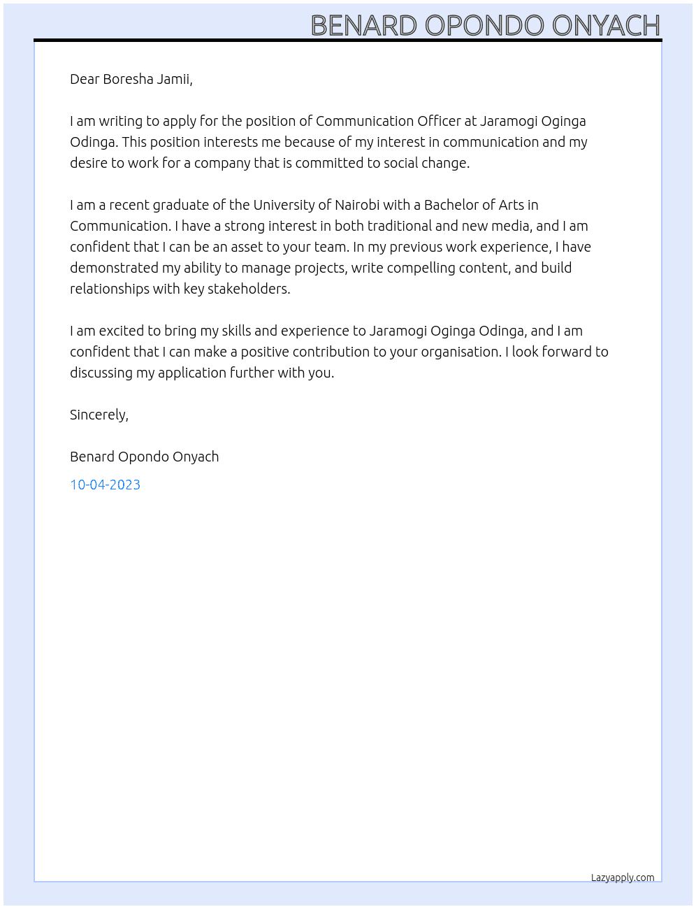 Communication Officer At Jaramogi Oginga Odinga  Cover Letter