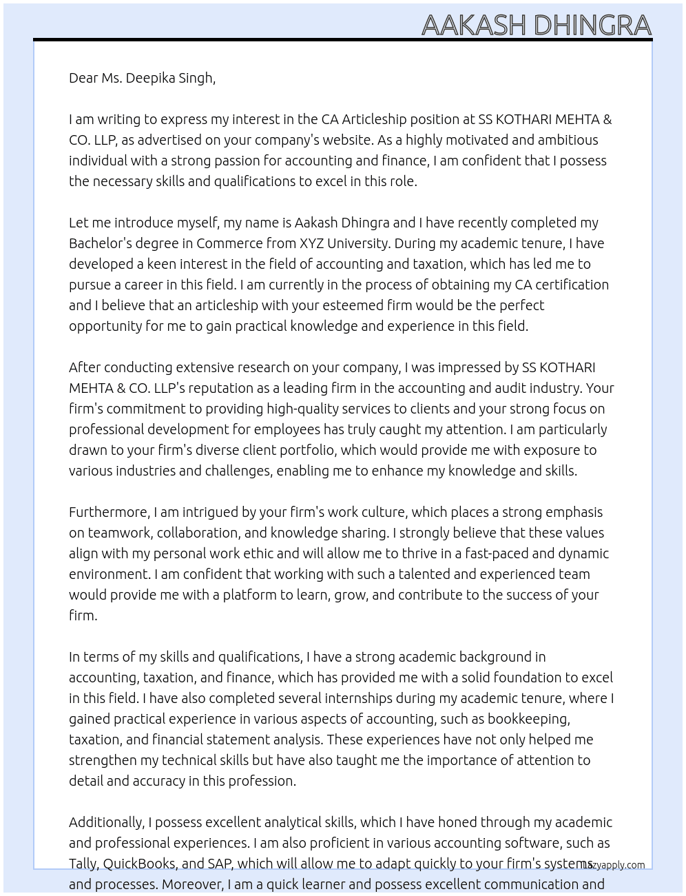 CA Articleship At SS KOTHARI MEHTA & CO. LLP Cover Letter