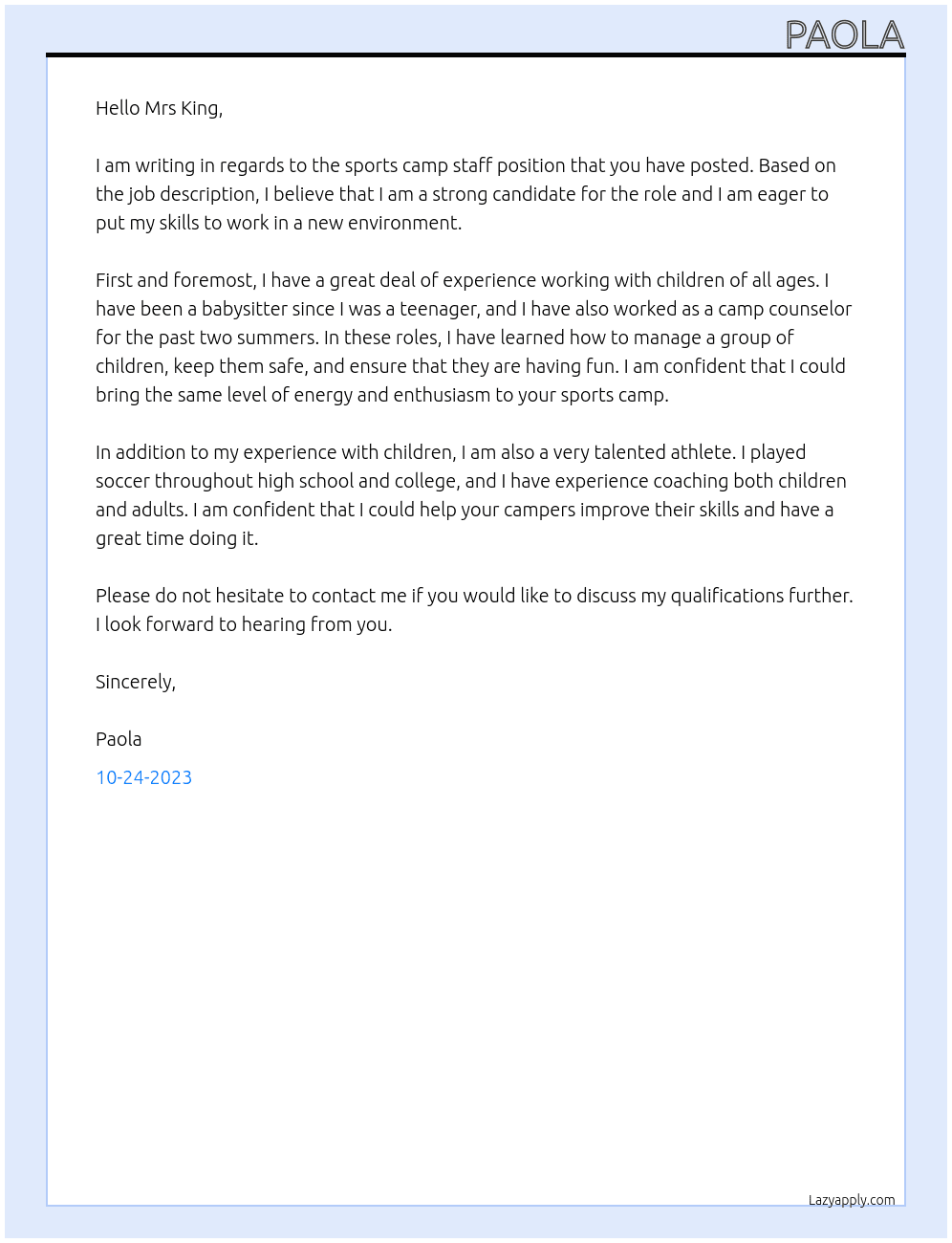 sports camp staff At rees sports Cover Letter