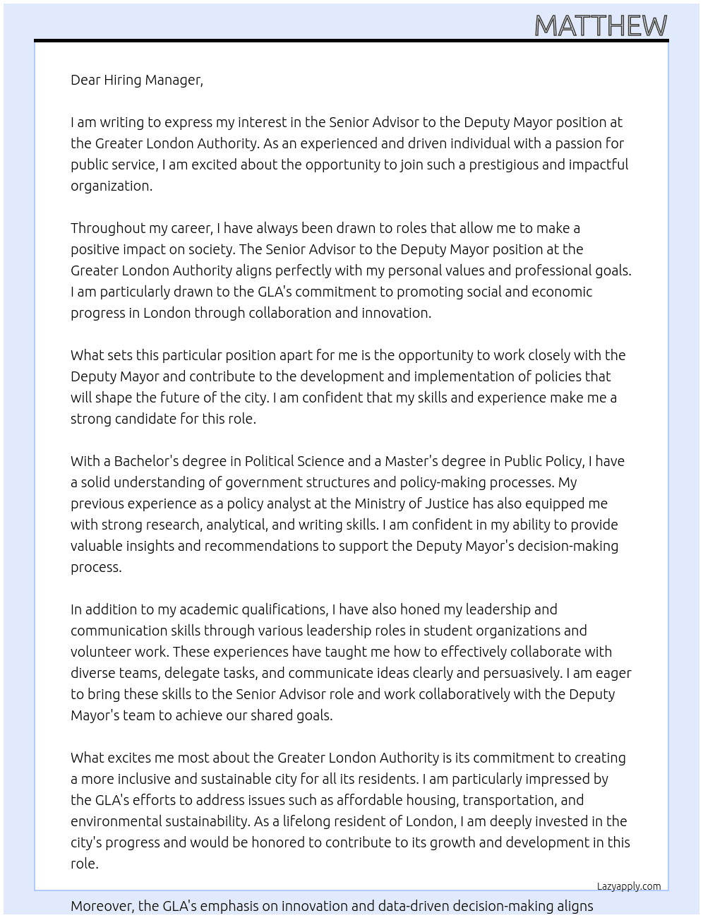 Senior Advisor to the Deputy Mayor At Greater London Authority Cover Letter