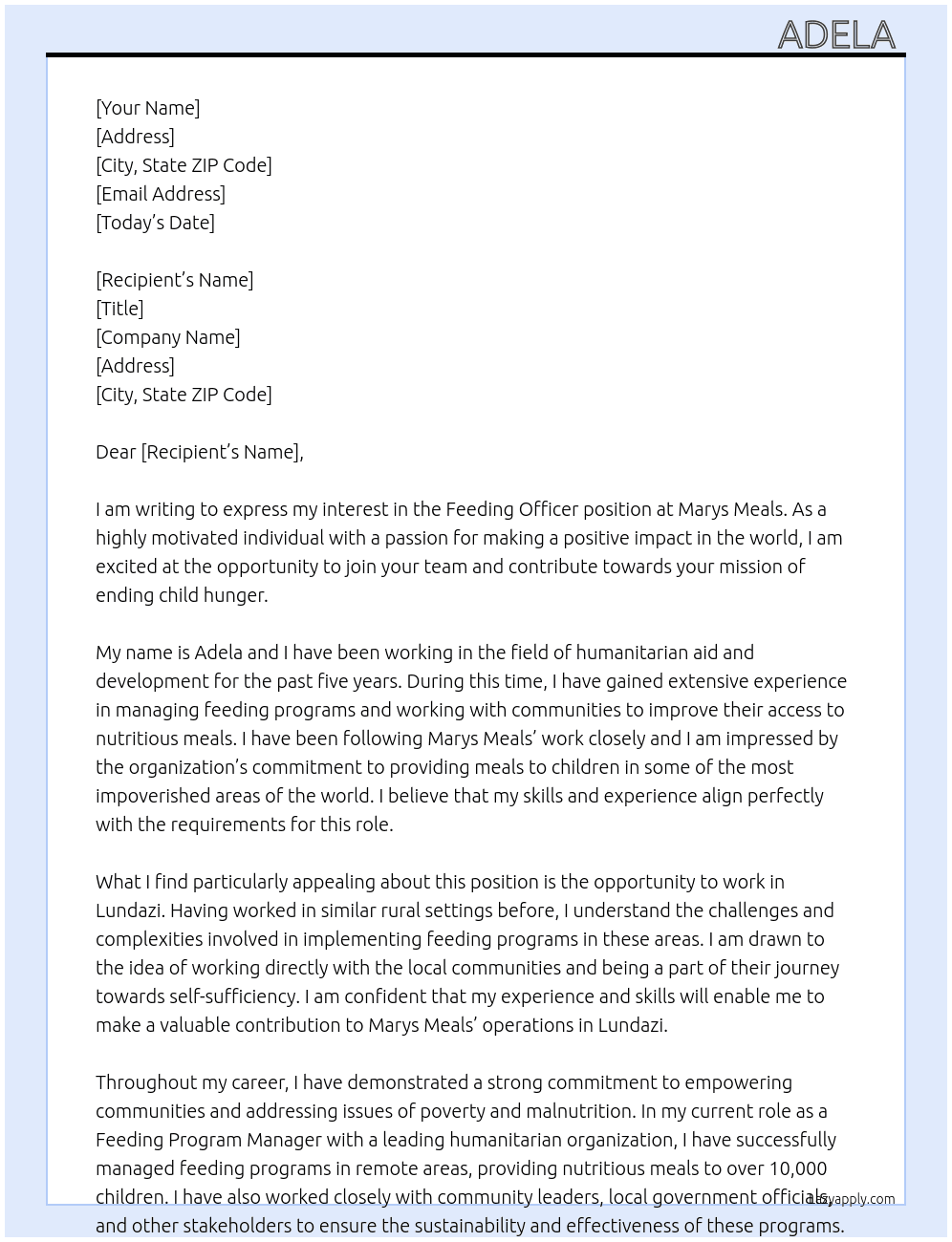 Feeding officer At Marys meals Cover Letter