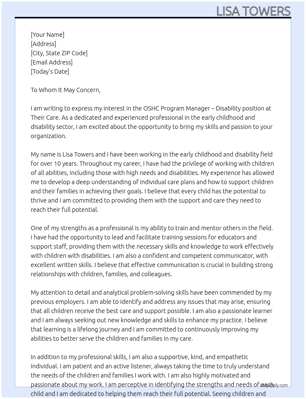 OSHC Program Manager - Disability At Their Care Cover Letter