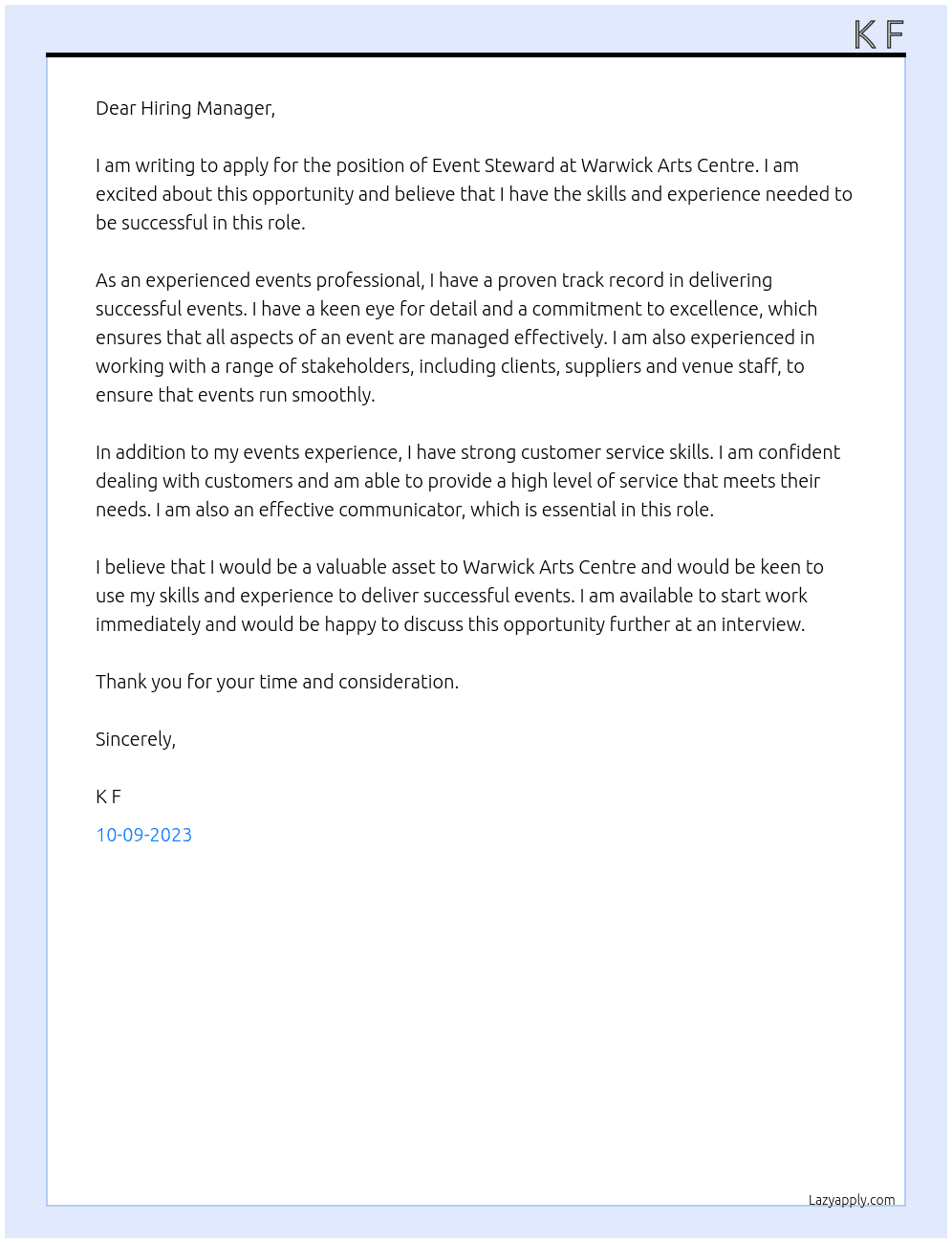 Event Steward At Warwick Arts Centre Cover Letter