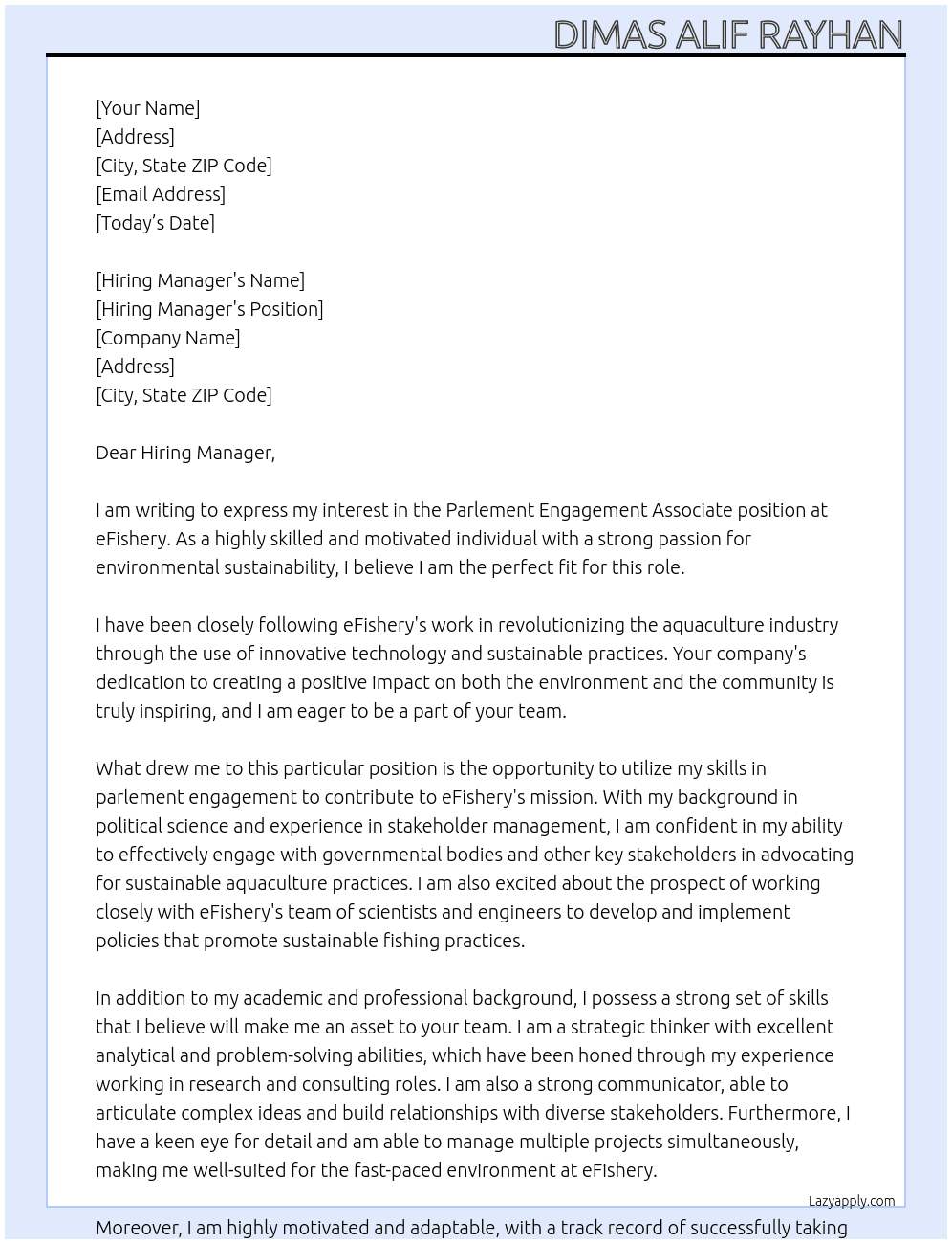 Parlement Engagement Associate At eFishery Cover Letter