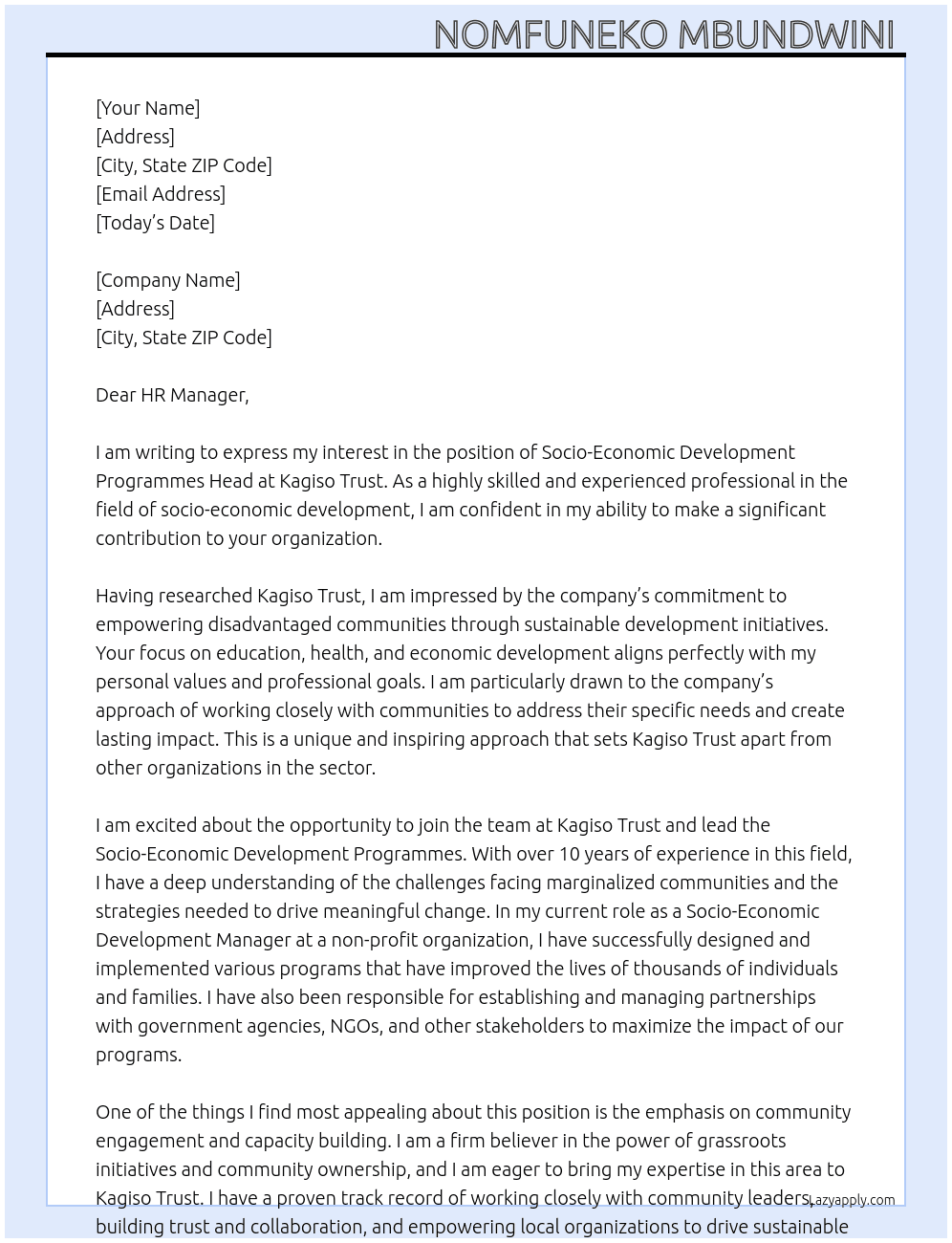 Socio-Economic Development Programmes Head At Kagiso Trust  Cover Letter