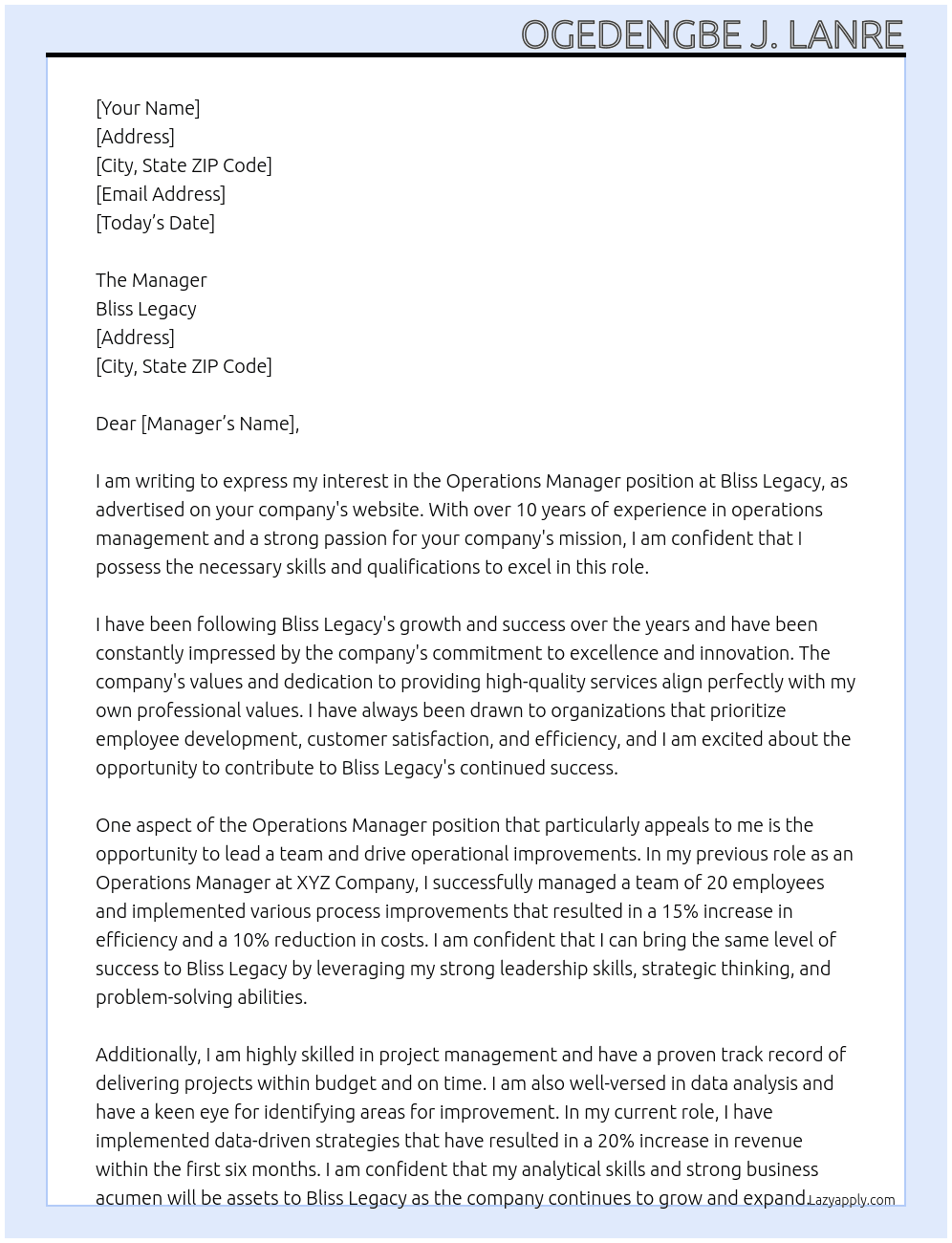 Operations Manager At Bliss Legacy Cover Letter