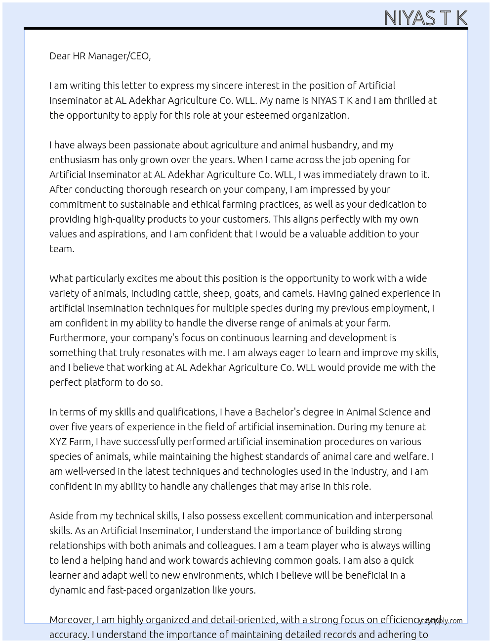 Artificial inseminator  At AL Adekhar Agriculture Co. WLL Cover Letter