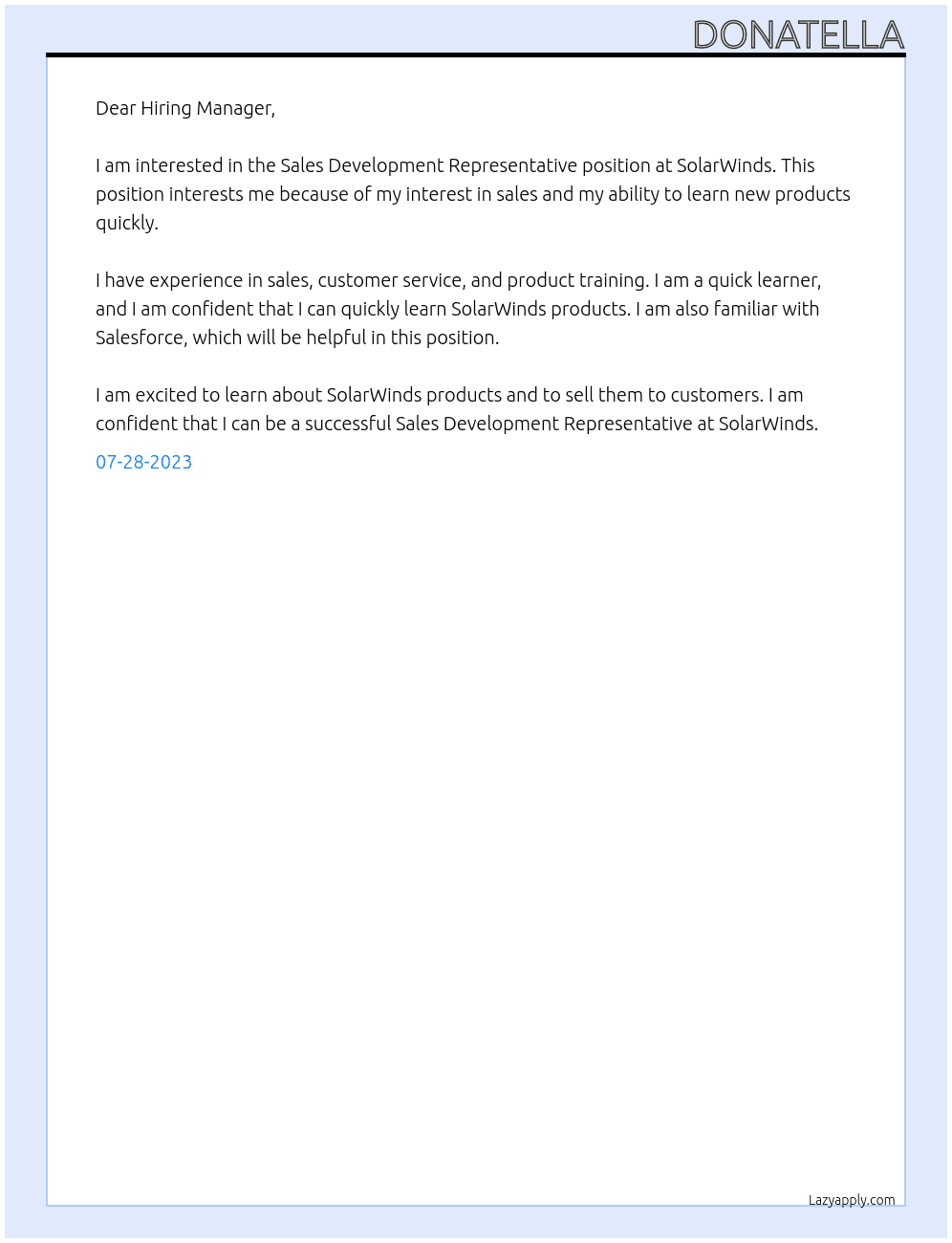 Sales Development Representative At SolarWinds Cover Letter