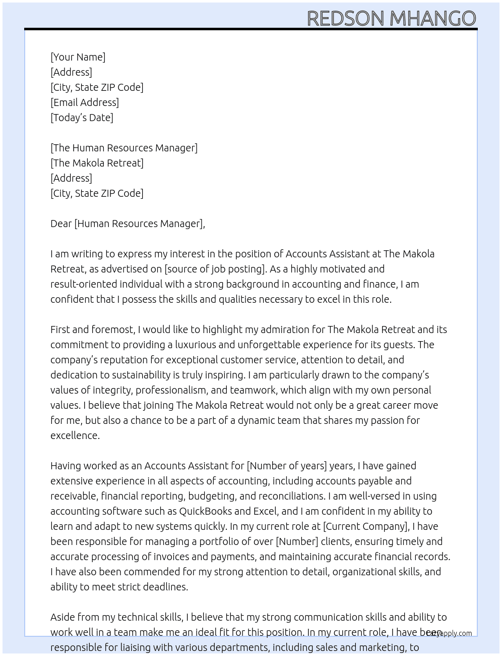 Accounts Assistant At The Makola Retreat Cover Letter