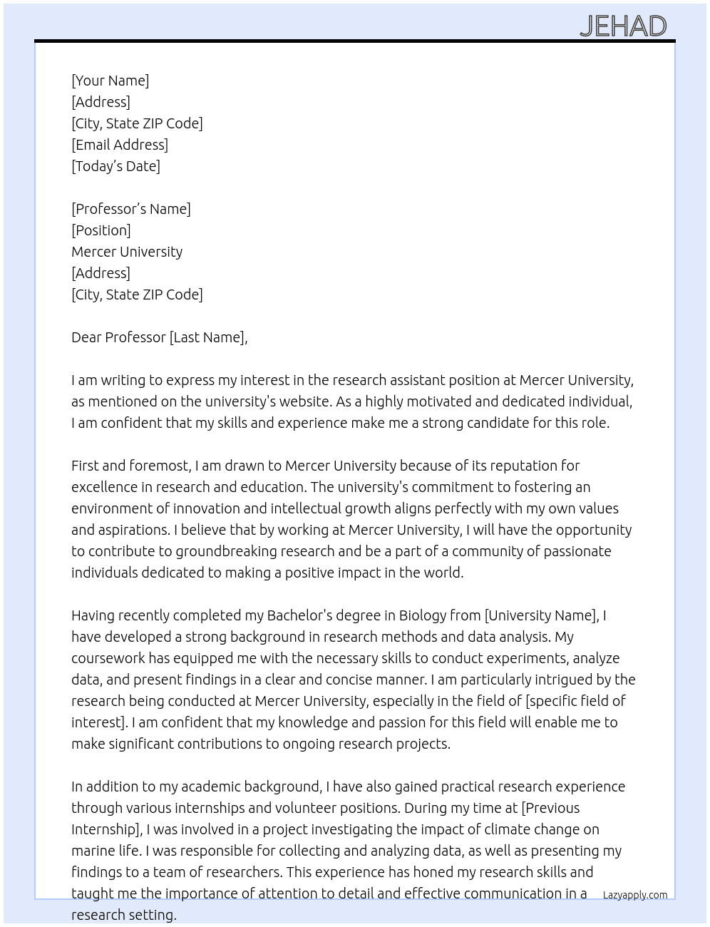 research assistant  At Mercer University Cover Letter