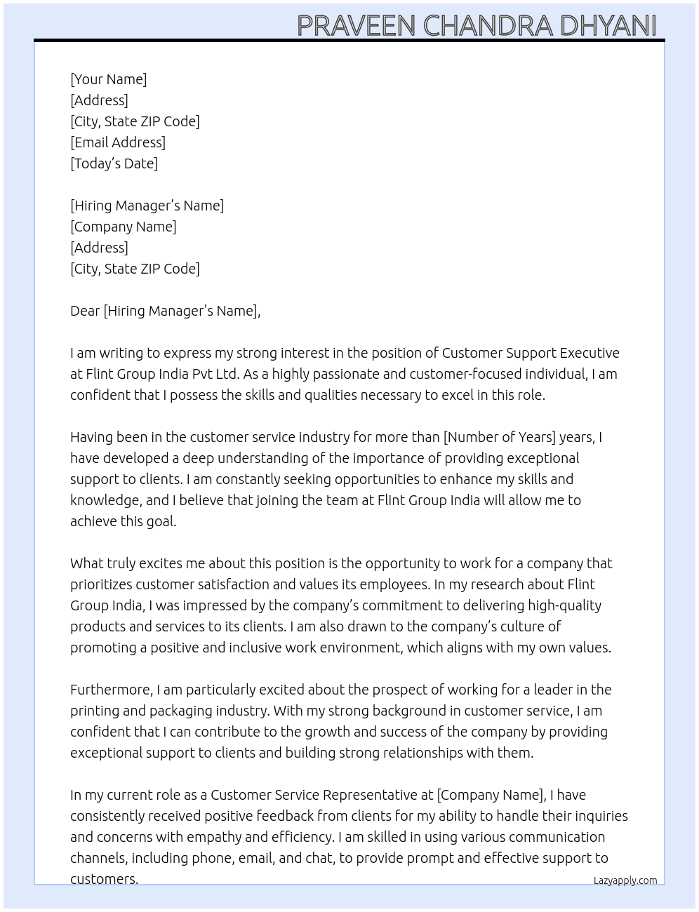 Cover letter for coustomer support executive - LazyApply