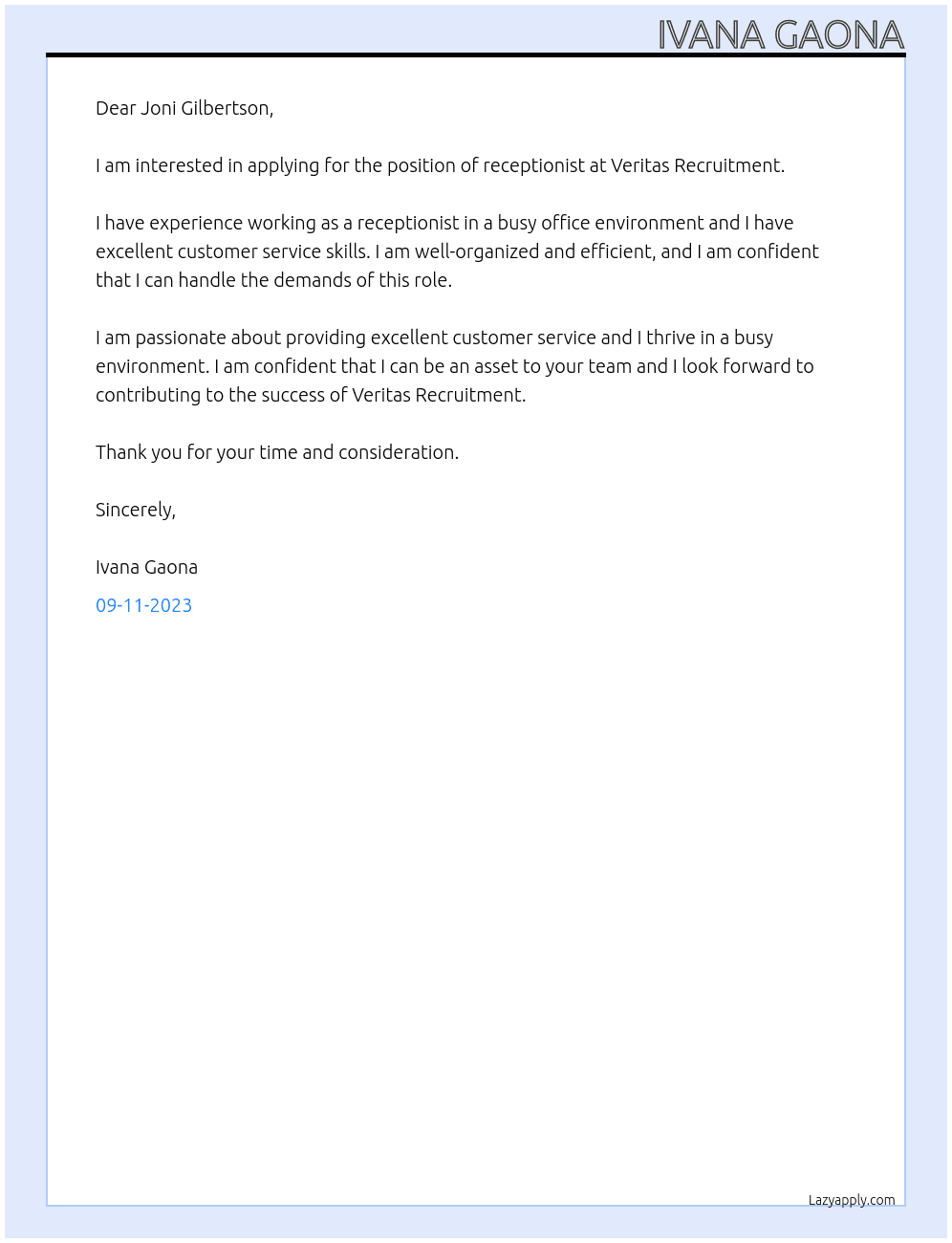 Receptionist At Veritas Recruitment Cover Letter