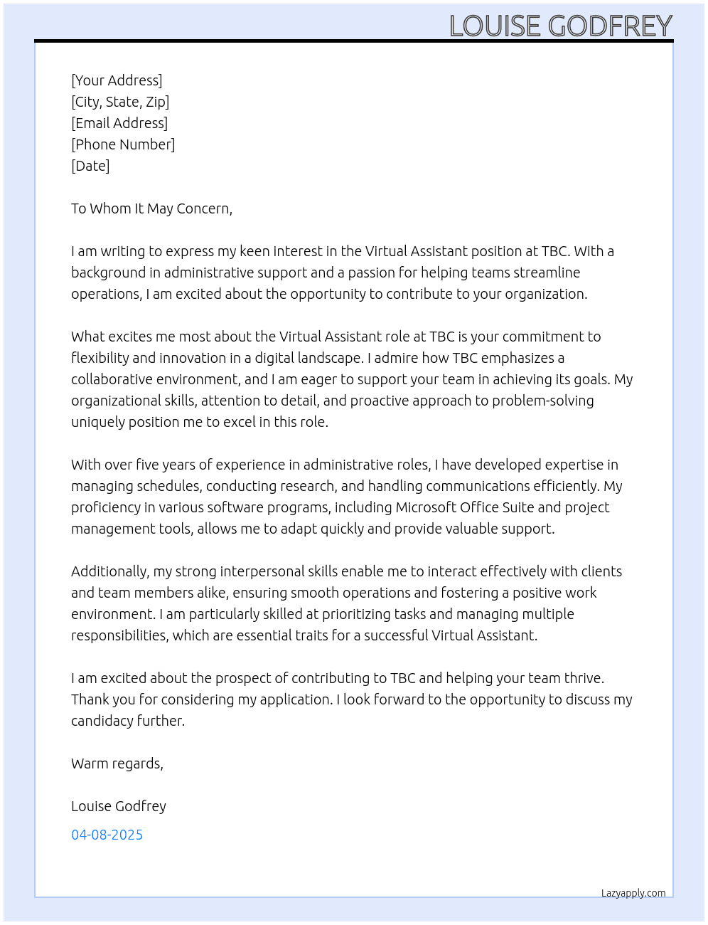 VIRTUAL ASSISTANT At TBC Cover Letter