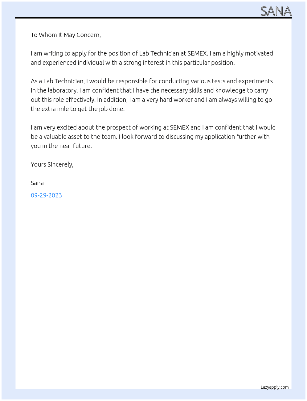 Lab Technician At SEMEX Cover Letter