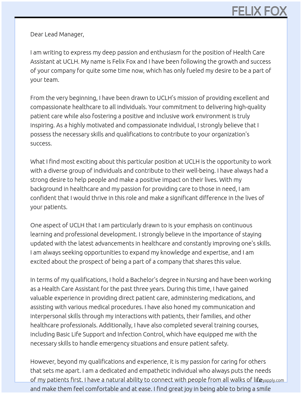 Health care assistant At UCLH Cover Letter