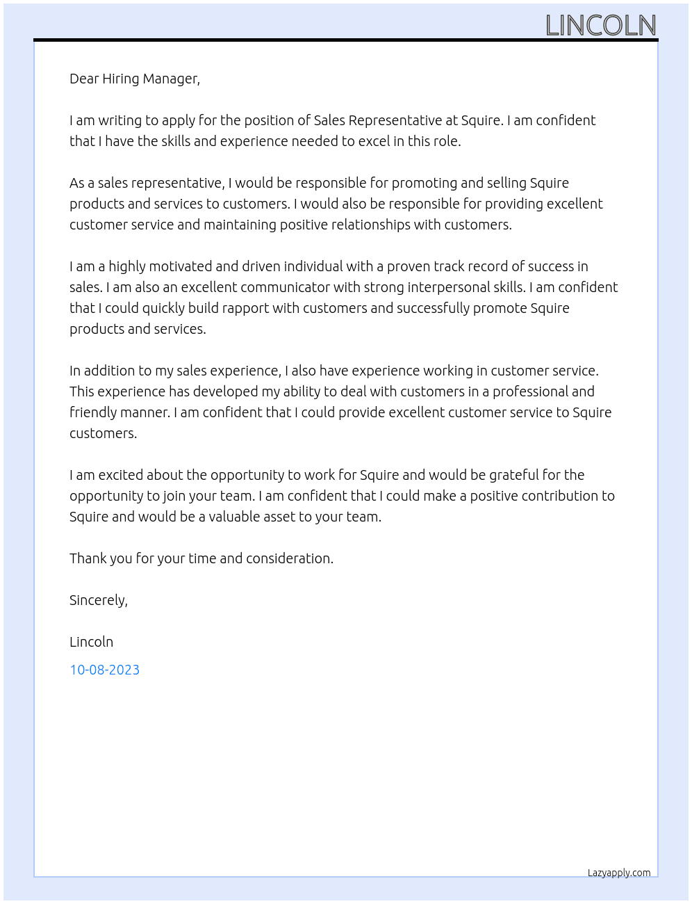 Sales Representative At SQUIRE Cover Letter