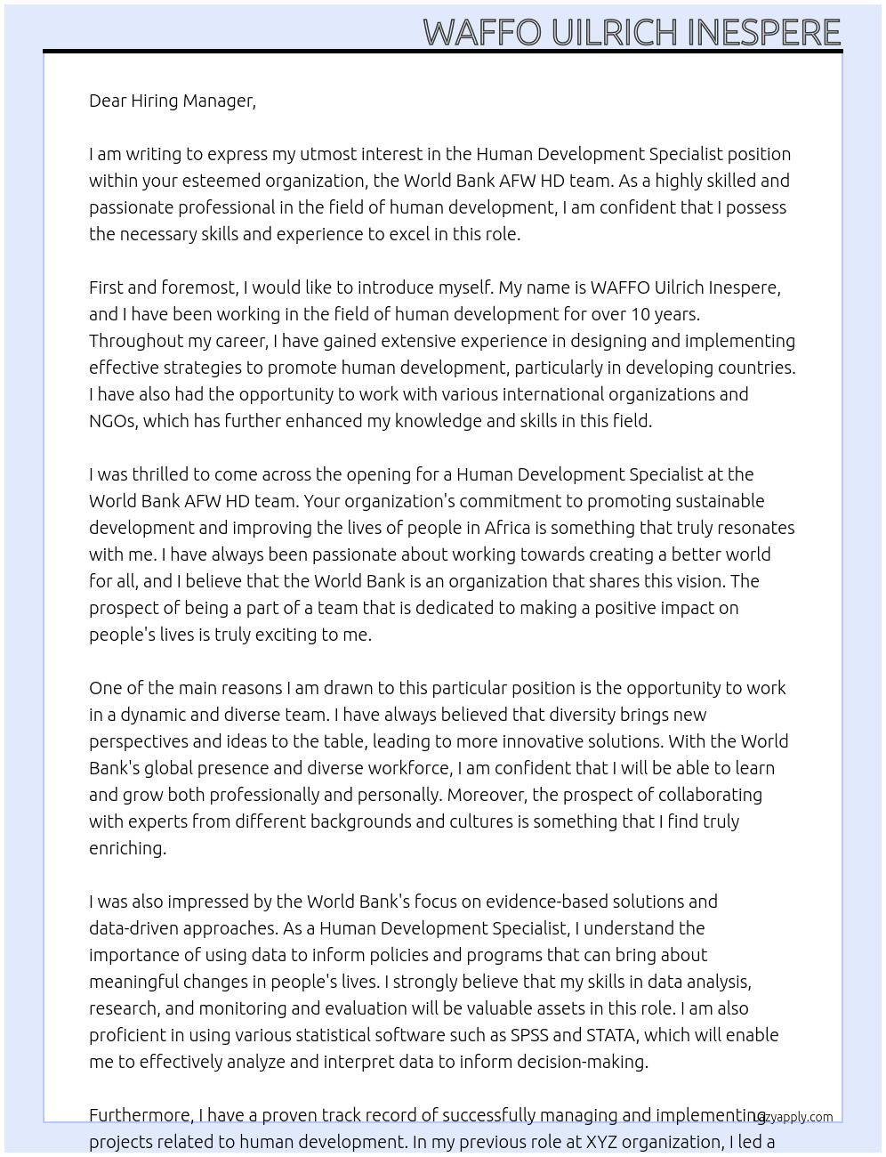 Human Development Specialist At WOrld Bank AFW HD team Cover Letter