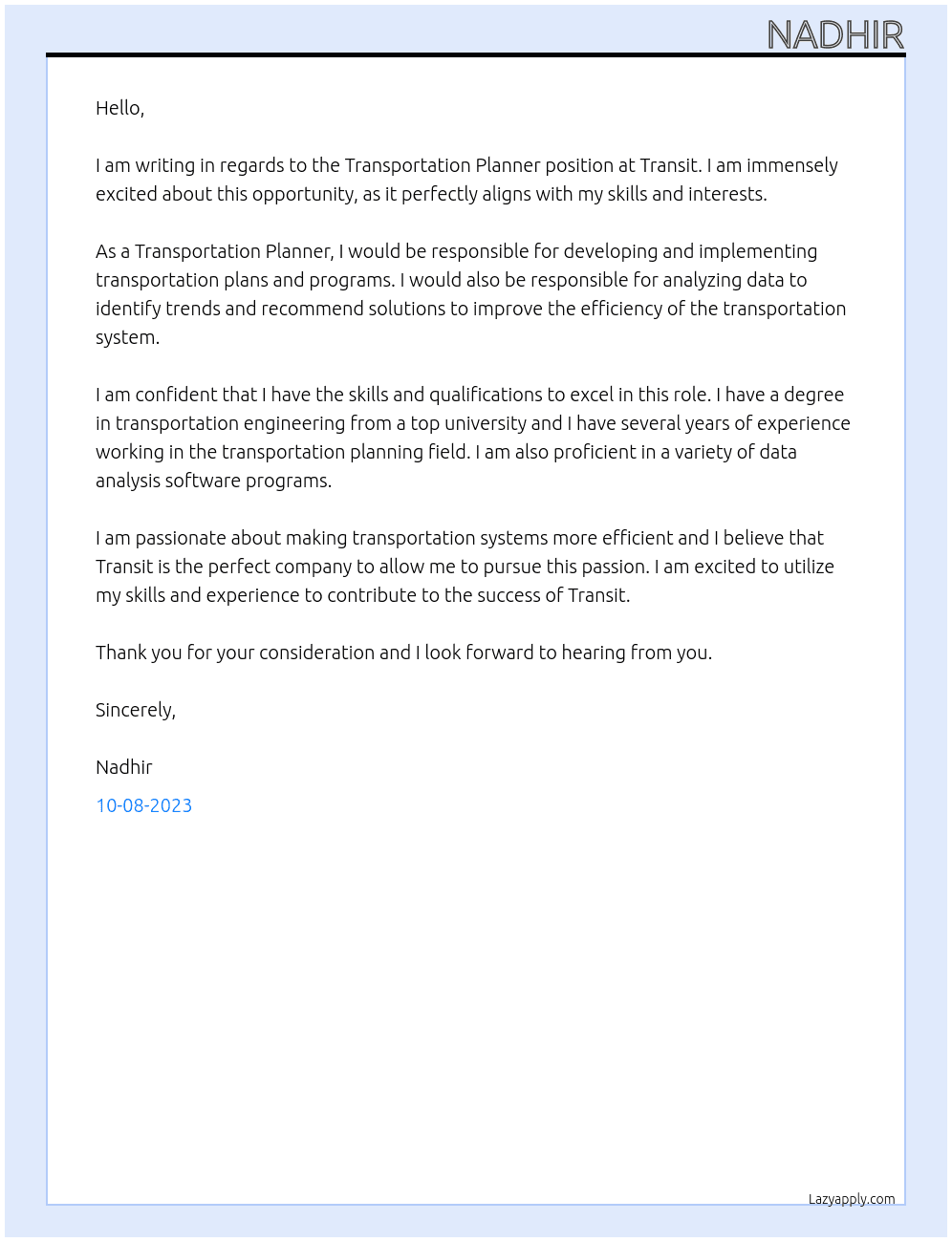Transportation Planner At transit Cover Letter