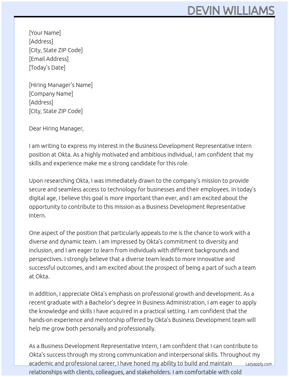 Business Development Representative Intern At okta Cover Letter