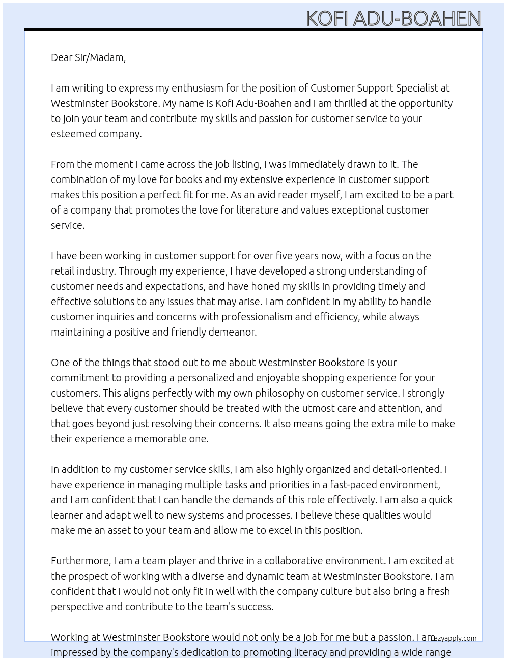 customer support specialist At Westminster Bookstore Cover Letter