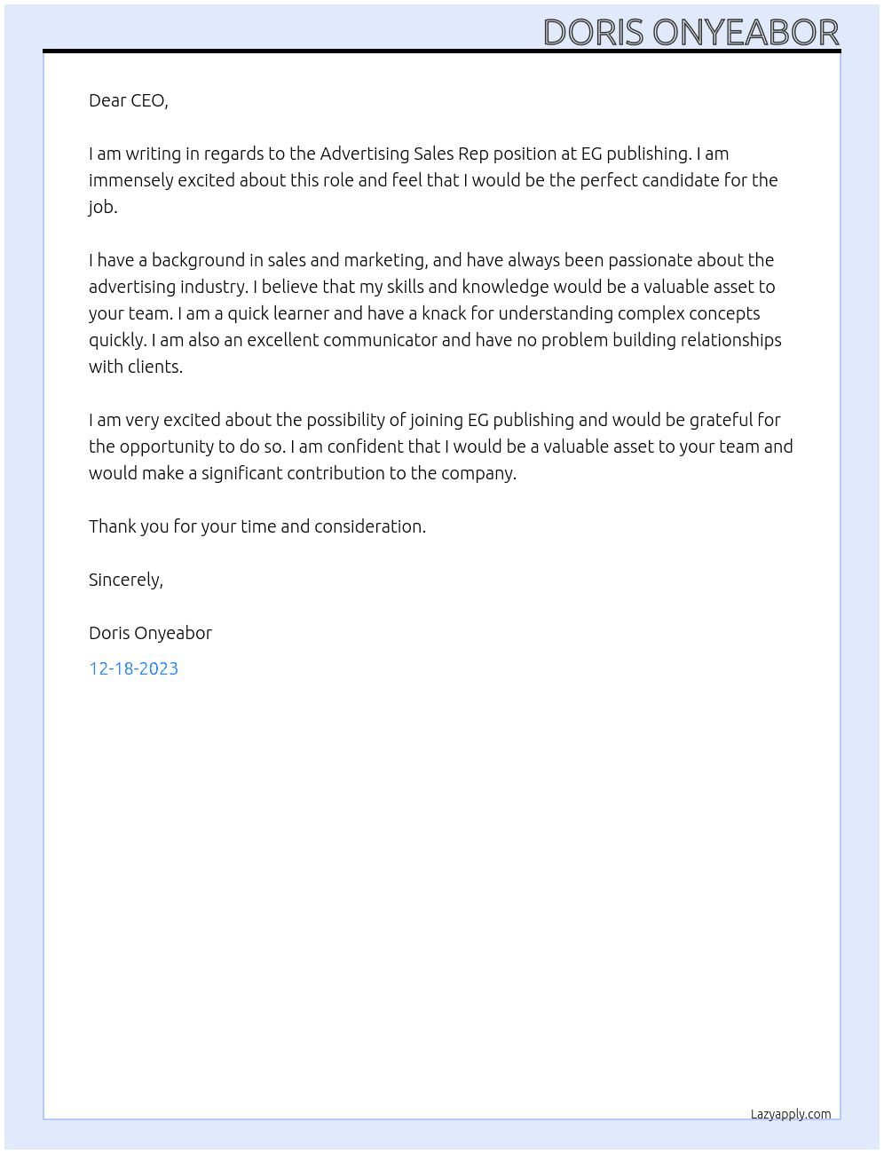 Advertising Sales Rep At EG publishing  Cover Letter