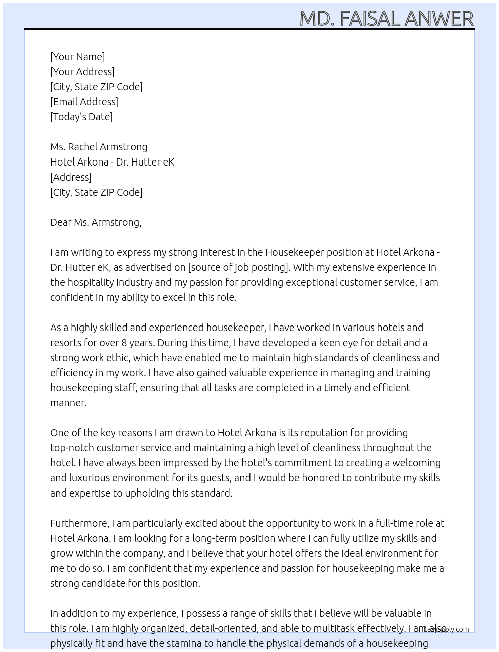 Housekeeper At Hotel Arkona - Dr. Hutter eK Cover Letter