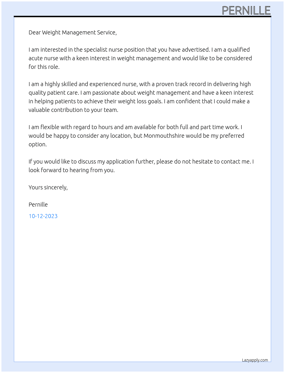 specialist nurse At Weight Management Service Cover Letter