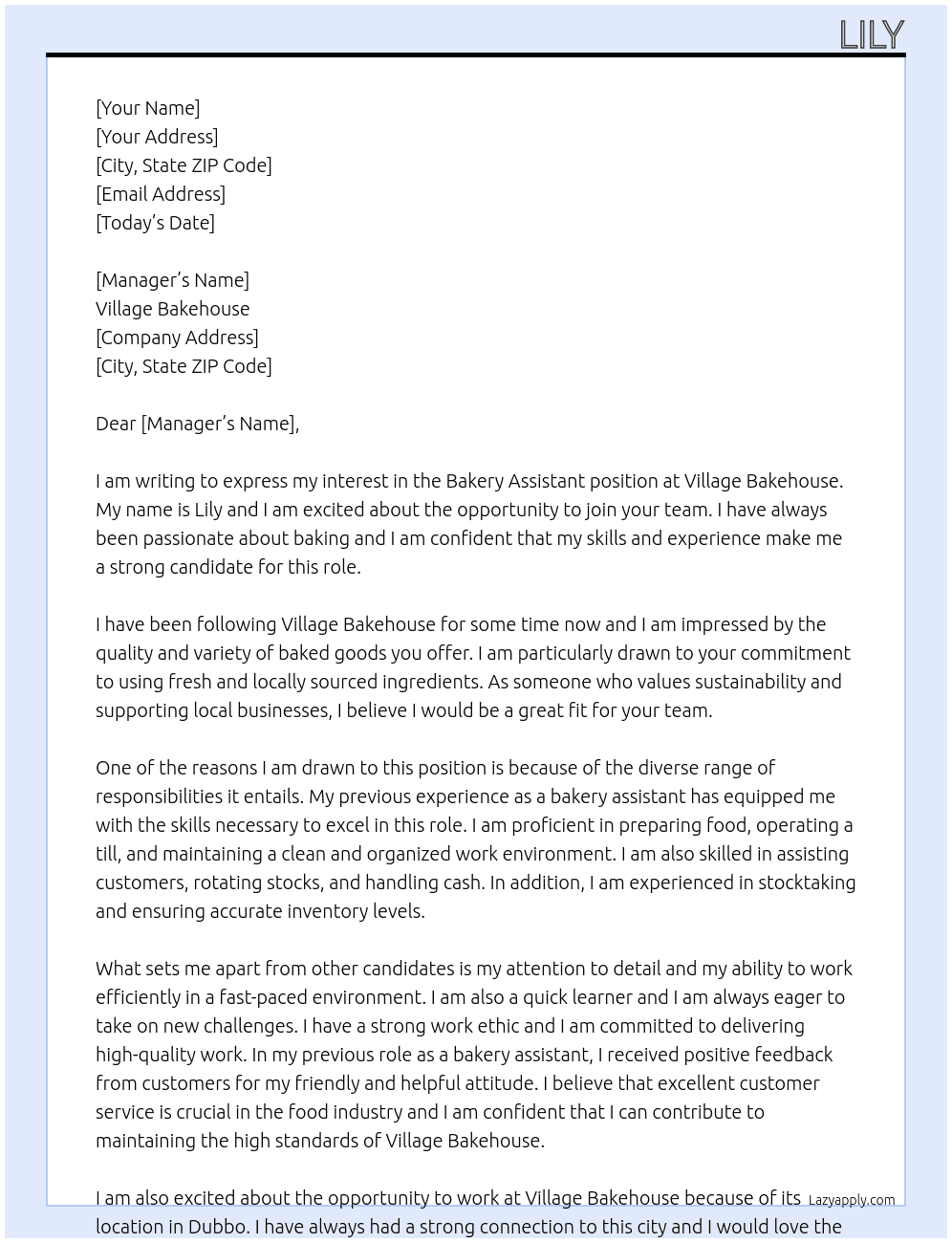 Bakery assistant At Village bakehouse Cover Letter