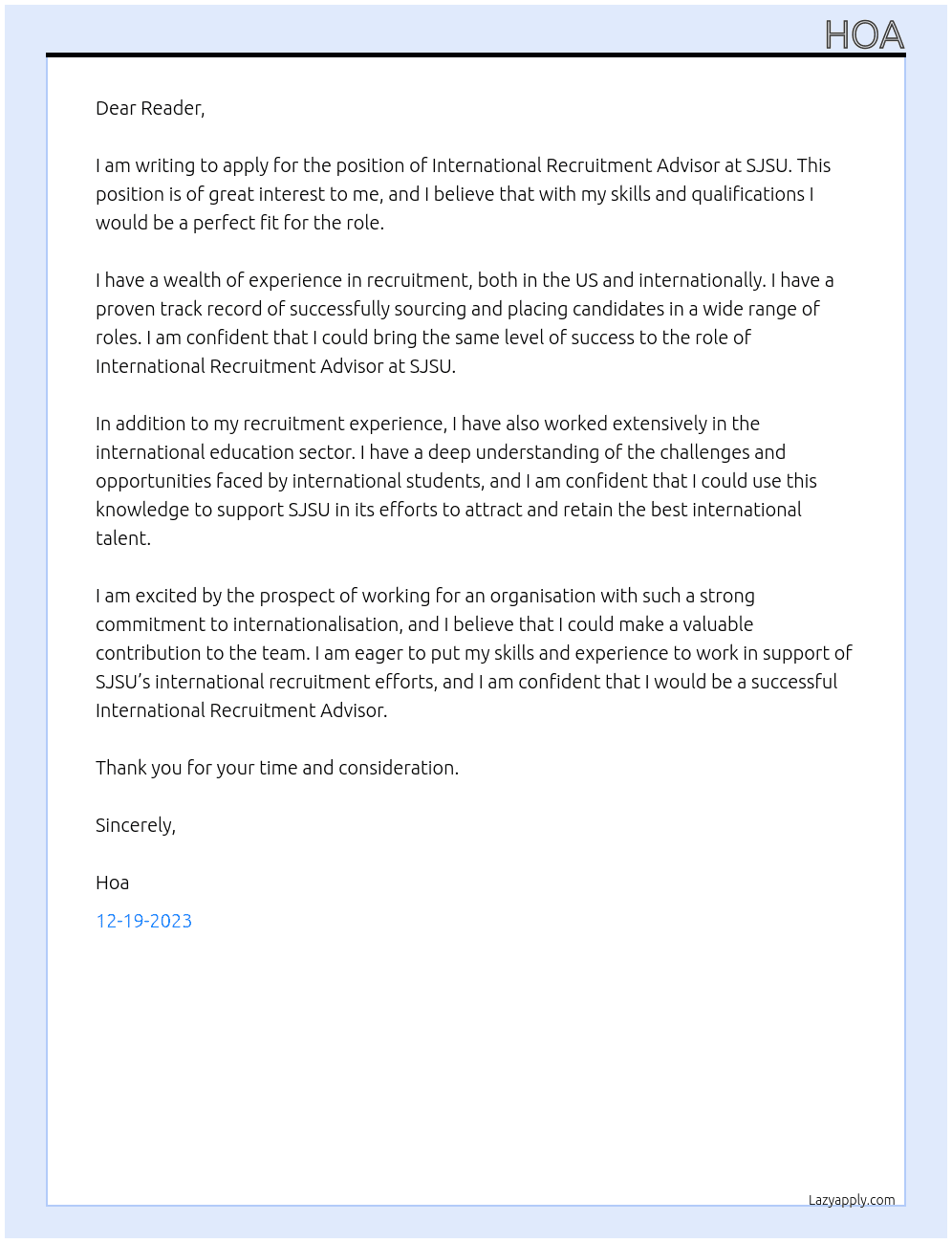 International Recruitment Advisor At SJSU Cover Letter