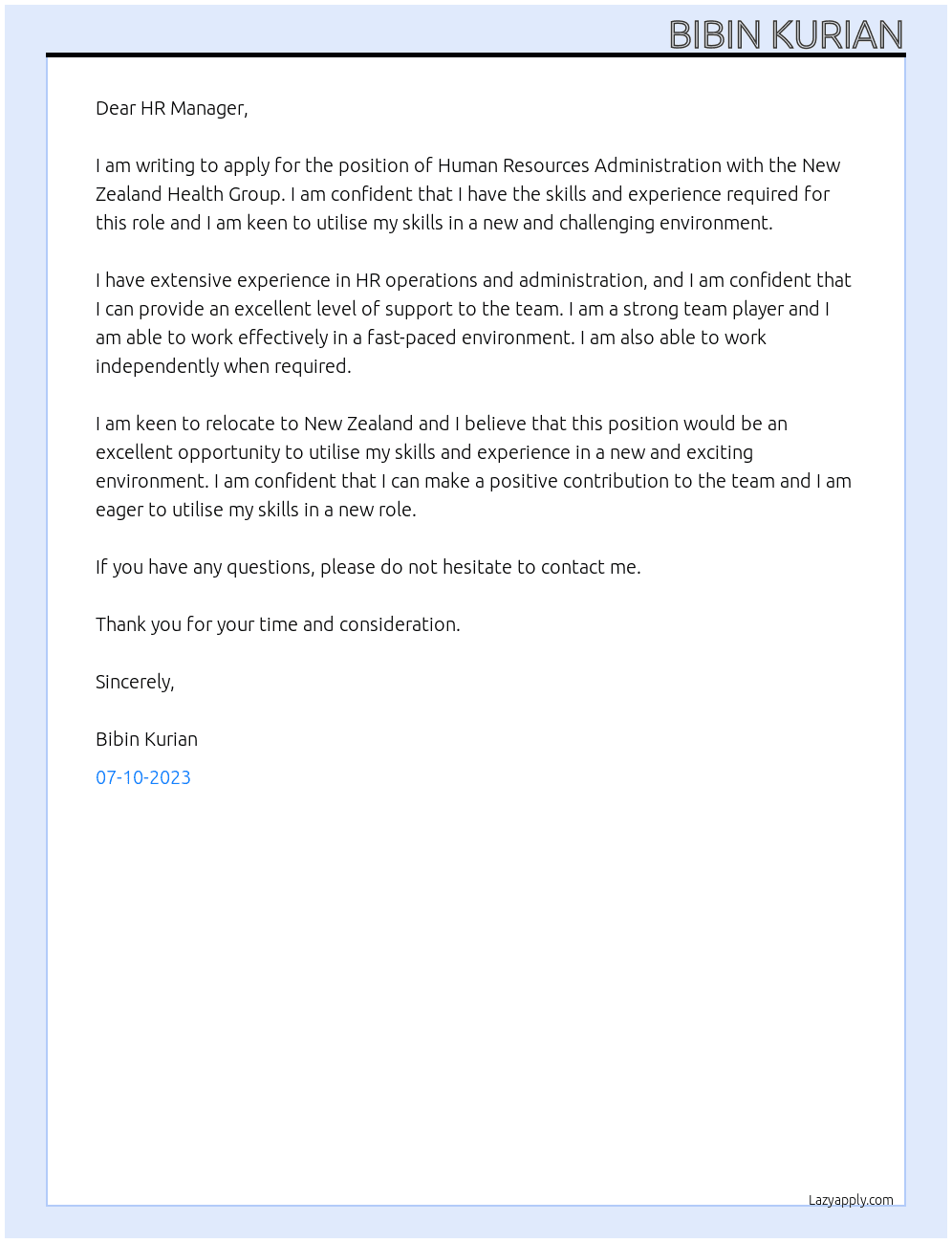 Human resources administration At New Zealand health group Cover Letter