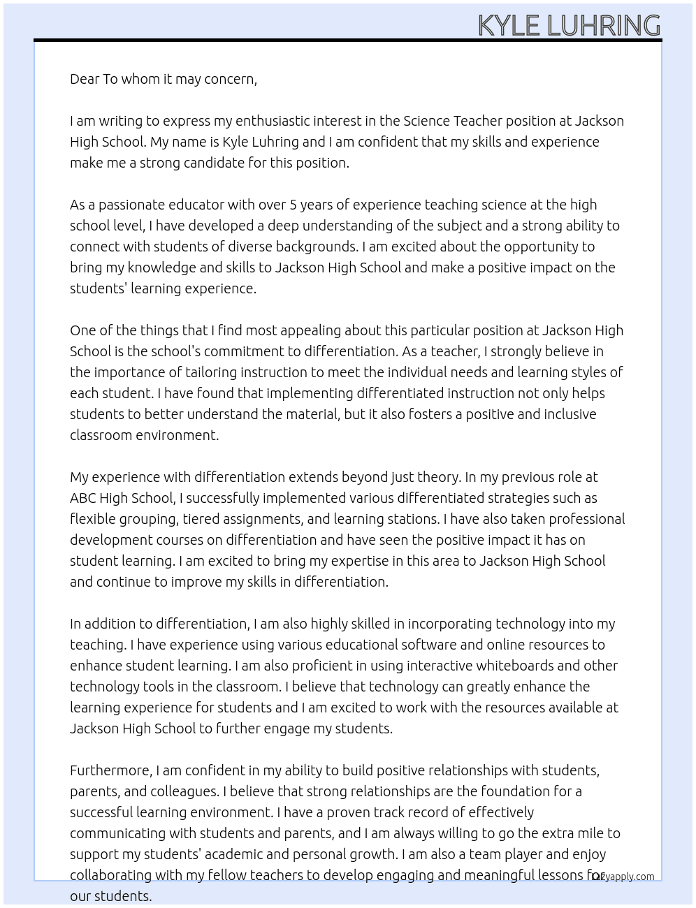 Science Teacher At Jackson High School Cover Letter