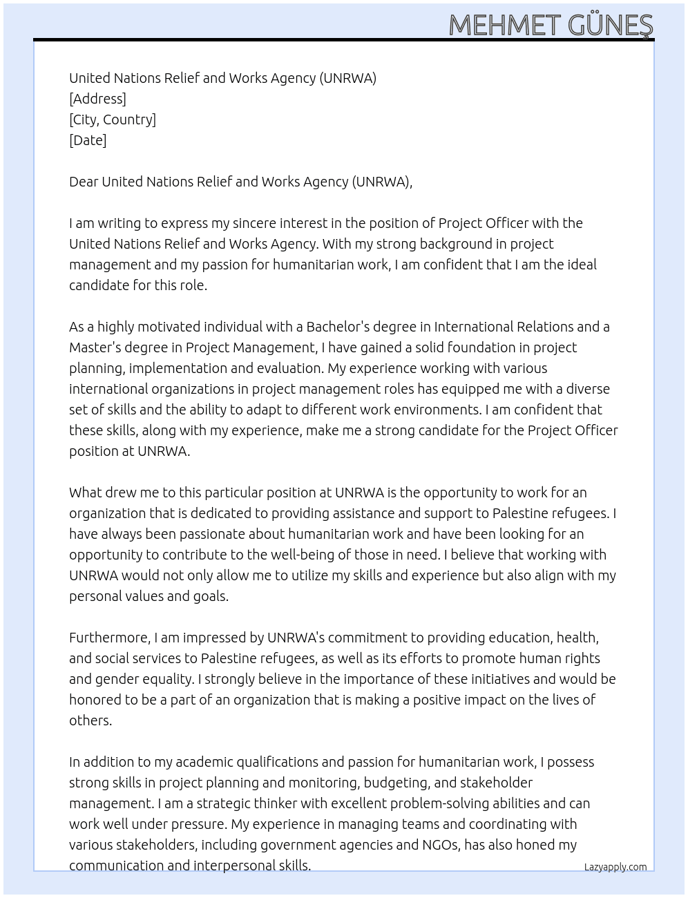 Project Officer At United Nations Relief and Works Agency (UNRWA) Cover Letter