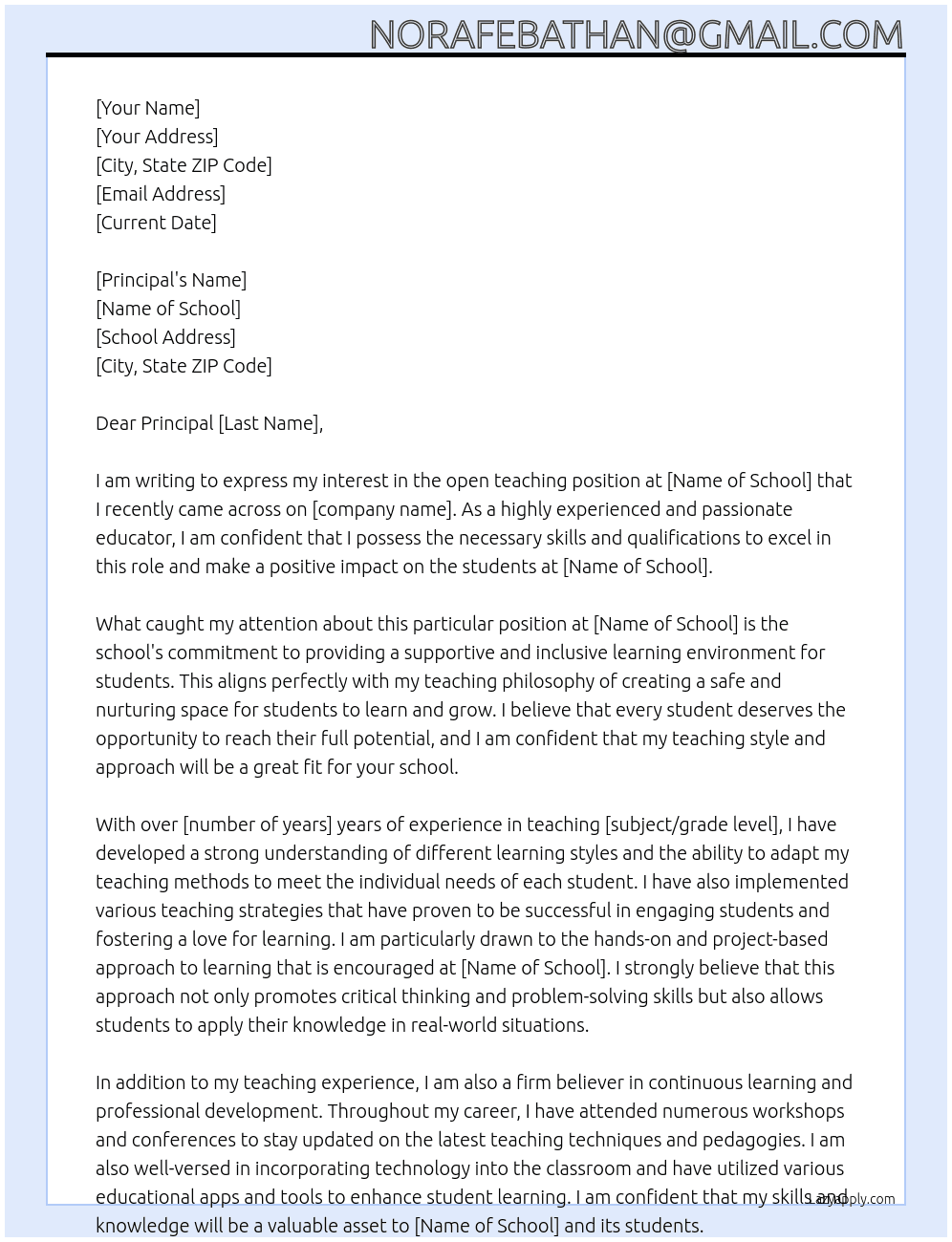 teacher At norafebathan@gmail.com Cover Letter