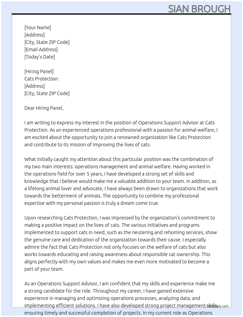 Operations Support Advisor At Cats Protection Cover Letter