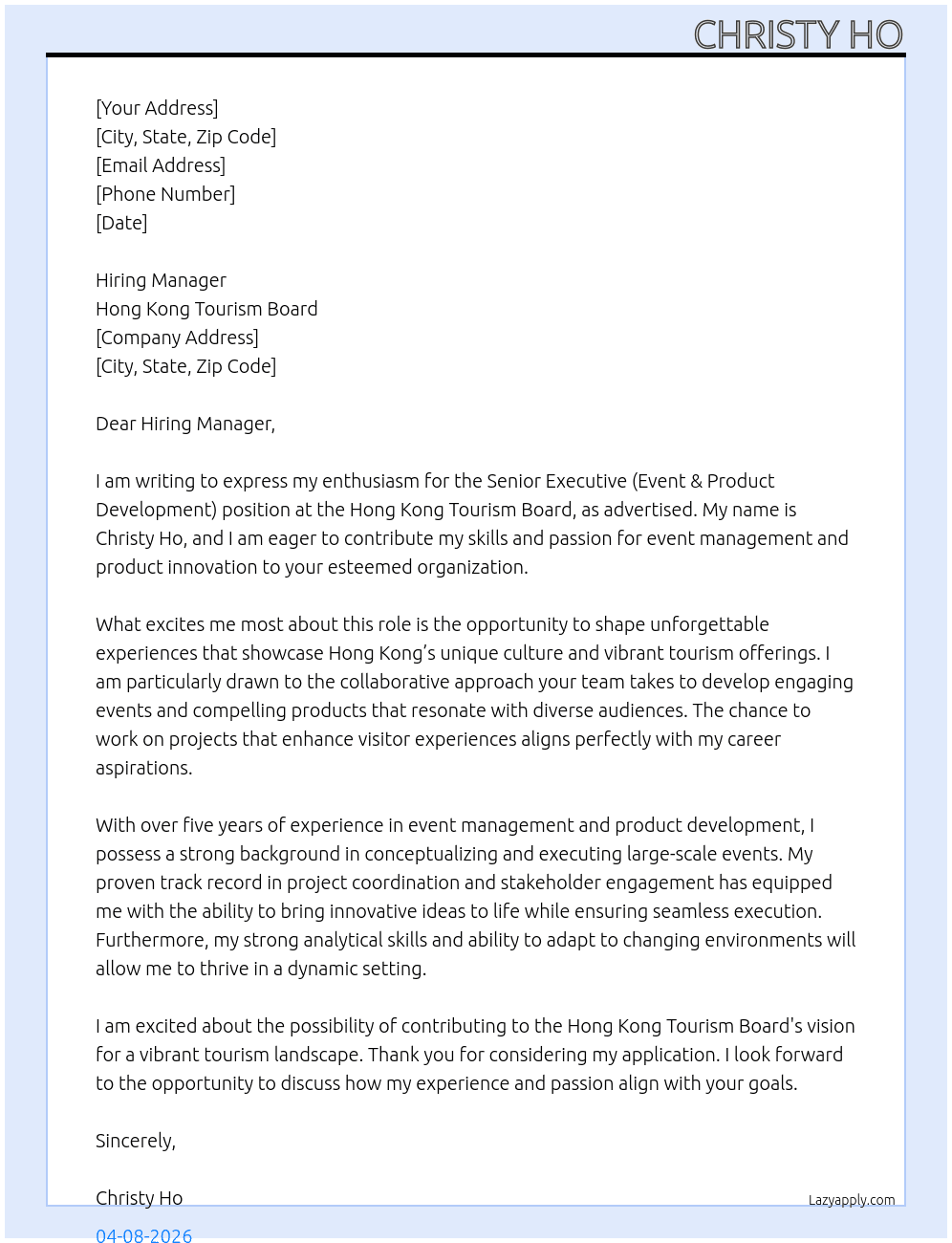 Senior Executive (Event & Product Development) At Hong Kong Tourism Board Cover Letter